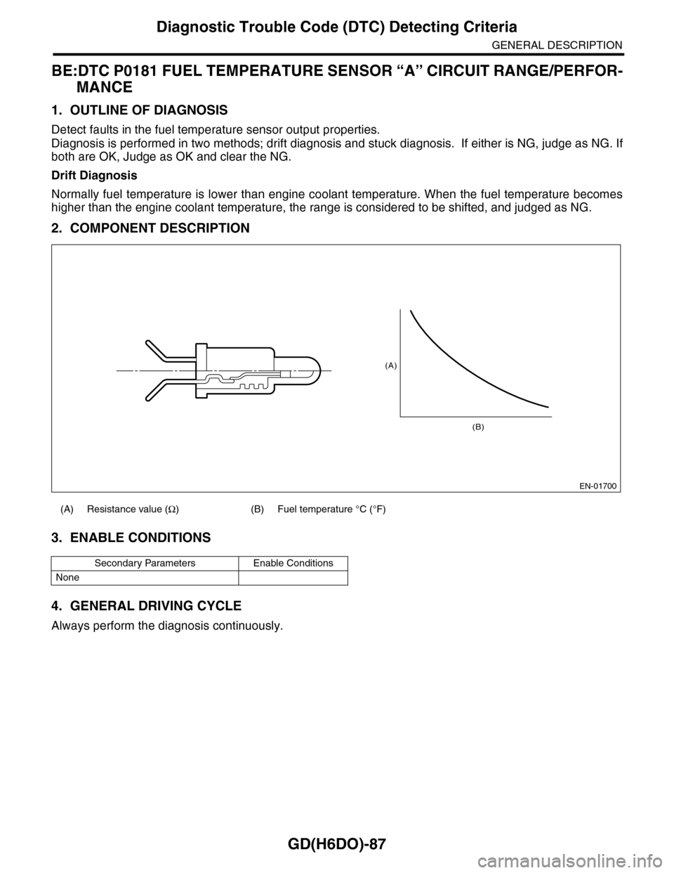 SUBARU TRIBECA 2009 1.G Service Workshop Manual GD(H6DO)-87
Diagnostic Trouble Code (DTC) Detecting Criteria
GENERAL DESCRIPTION
BE:DTC P0181 FUEL TEMPERATURE SENSOR “A” CIRCUIT RANGE/PERFOR-
MANCE
1. OUTLINE OF DIAGNOSIS
Detect faults in the f SUBARU TRIBECA 2009 1.G Service Workshop Manual GD(H6DO)-87
Diagnostic Trouble Code (DTC) Detecting Criteria
GENERAL DESCRIPTION
BE:DTC P0181 FUEL TEMPERATURE SENSOR “A” CIRCUIT RANGE/PERFOR-
MANCE
1. OUTLINE OF DIAGNOSIS
Detect faults in the f