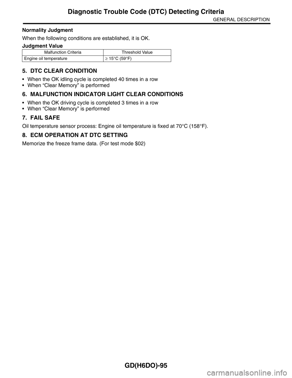 SUBARU TRIBECA 2009 1.G Service Workshop Manual GD(H6DO)-95
Diagnostic Trouble Code (DTC) Detecting Criteria
GENERAL DESCRIPTION
Normality Judgment
When the following conditions are established, it is OK.
5. DTC CLEAR CONDITION
•When the OK idlin SUBARU TRIBECA 2009 1.G Service Workshop Manual GD(H6DO)-95
Diagnostic Trouble Code (DTC) Detecting Criteria
GENERAL DESCRIPTION
Normality Judgment
When the following conditions are established, it is OK.
5. DTC CLEAR CONDITION
•When the OK idlin
