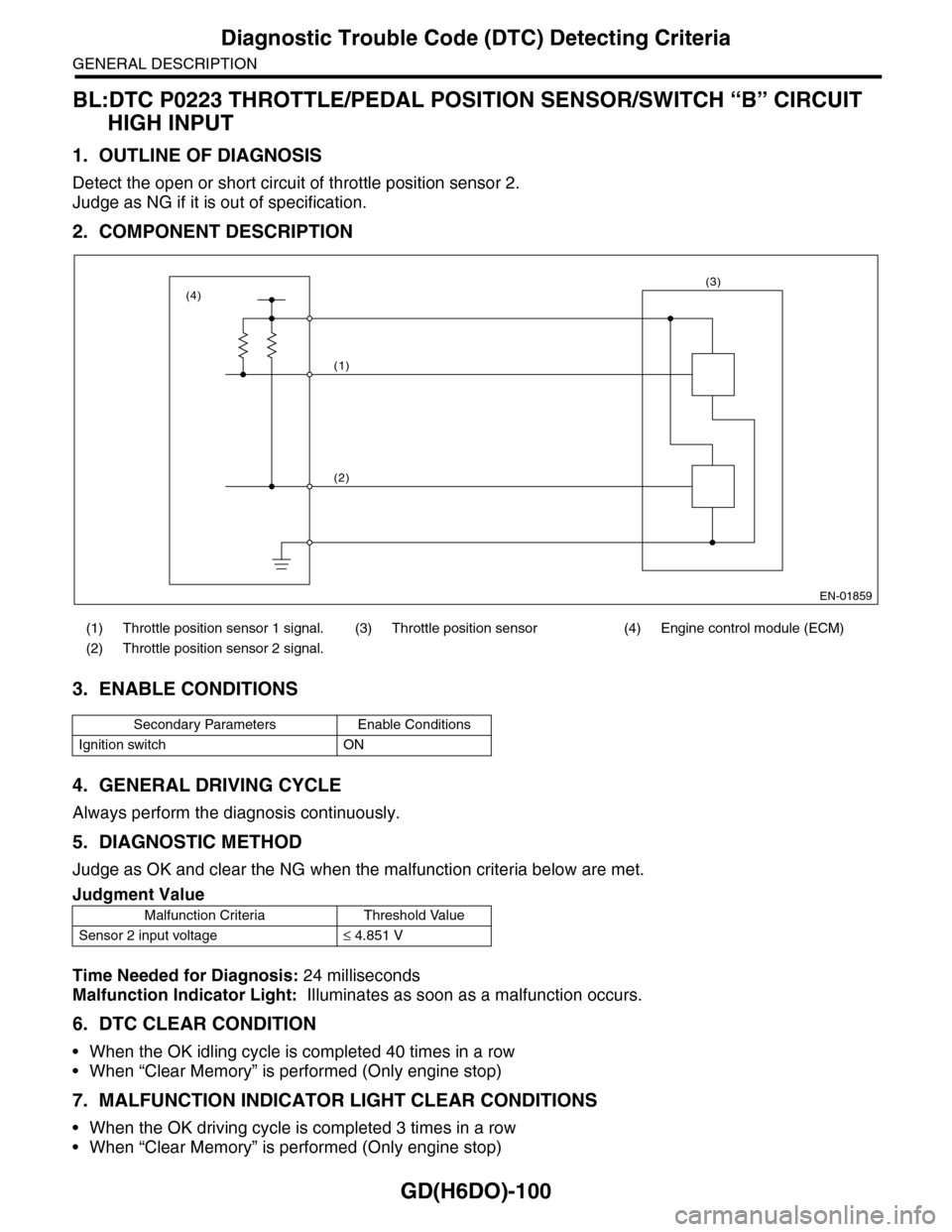 SUBARU TRIBECA 2009 1.G Service Workshop Manual GD(H6DO)-100
Diagnostic Trouble Code (DTC) Detecting Criteria
GENERAL DESCRIPTION
BL:DTC P0223 THROTTLE/PEDAL POSITION SENSOR/SWITCH “B” CIRCUIT
HIGH INPUT
1. OUTLINE OF DIAGNOSIS
Detect the open SUBARU TRIBECA 2009 1.G Service Workshop Manual GD(H6DO)-100
Diagnostic Trouble Code (DTC) Detecting Criteria
GENERAL DESCRIPTION
BL:DTC P0223 THROTTLE/PEDAL POSITION SENSOR/SWITCH “B” CIRCUIT
HIGH INPUT
1. OUTLINE OF DIAGNOSIS
Detect the open