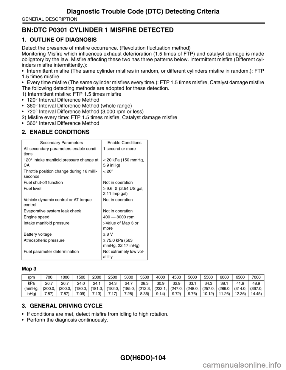 SUBARU TRIBECA 2009 1.G Service Workshop Manual GD(H6DO)-104
Diagnostic Trouble Code (DTC) Detecting Criteria
GENERAL DESCRIPTION
BN:DTC P0301 CYLINDER 1 MISFIRE DETECTED
1. OUTLINE OF DIAGNOSIS
Detect the presence of misfire occurrence. (Revolutio
