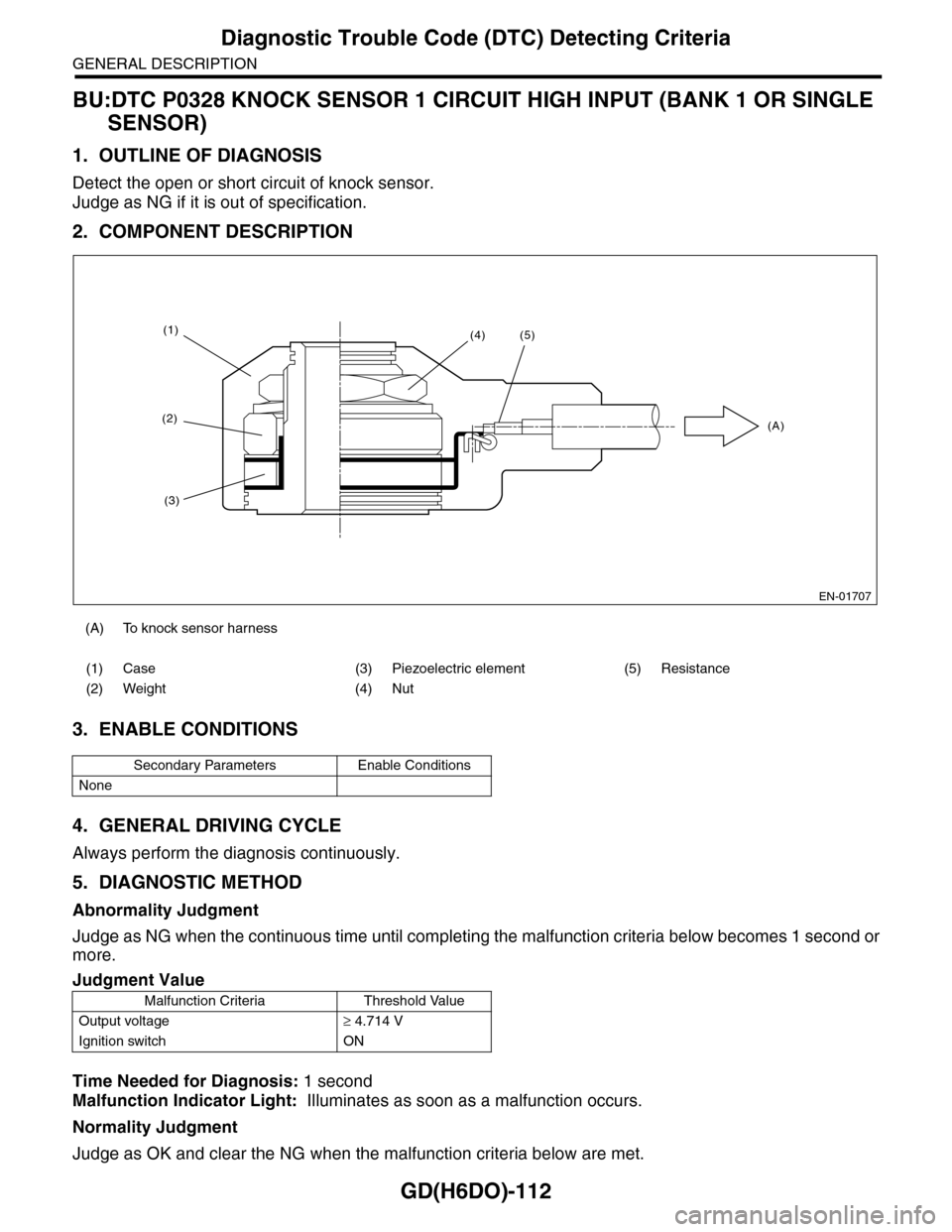 SUBARU TRIBECA 2009 1.G Service Workshop Manual GD(H6DO)-112
Diagnostic Trouble Code (DTC) Detecting Criteria
GENERAL DESCRIPTION
BU:DTC P0328 KNOCK SENSOR 1 CIRCUIT HIGH INPUT (BANK 1 OR SINGLE
SENSOR)
1. OUTLINE OF DIAGNOSIS
Detect the open or s SUBARU TRIBECA 2009 1.G Service Workshop Manual GD(H6DO)-112
Diagnostic Trouble Code (DTC) Detecting Criteria
GENERAL DESCRIPTION
BU:DTC P0328 KNOCK SENSOR 1 CIRCUIT HIGH INPUT (BANK 1 OR SINGLE
SENSOR)
1. OUTLINE OF DIAGNOSIS
Detect the open or s