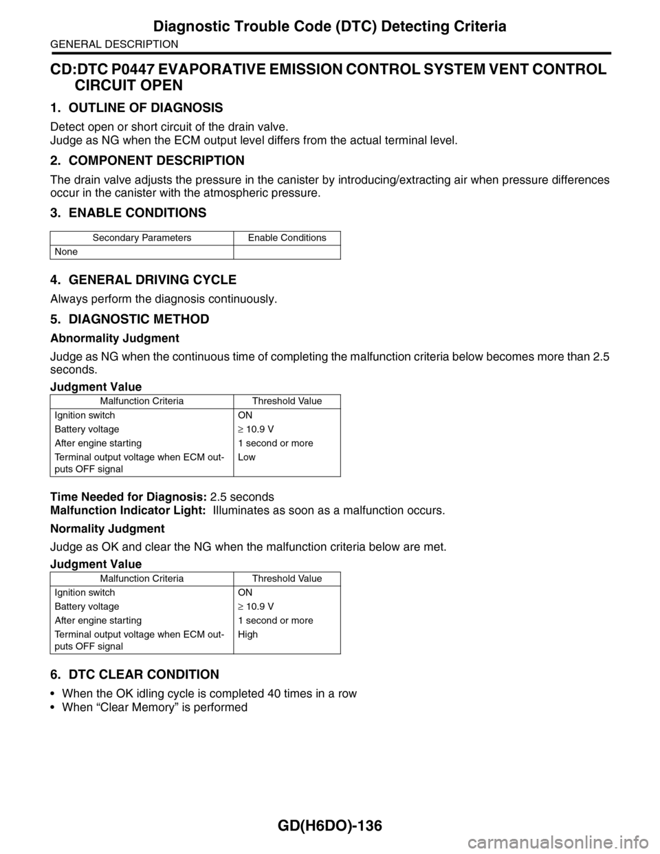 SUBARU TRIBECA 2009 1.G Service Workshop Manual GD(H6DO)-136
Diagnostic Trouble Code (DTC) Detecting Criteria
GENERAL DESCRIPTION
CD:DTC P0447 EVAPORATIVE EMISSION CONTROL SYSTEM VENT CONTROL 
CIRCUIT OPEN
1. OUTLINE OF DIAGNOSIS
Detect open or sho