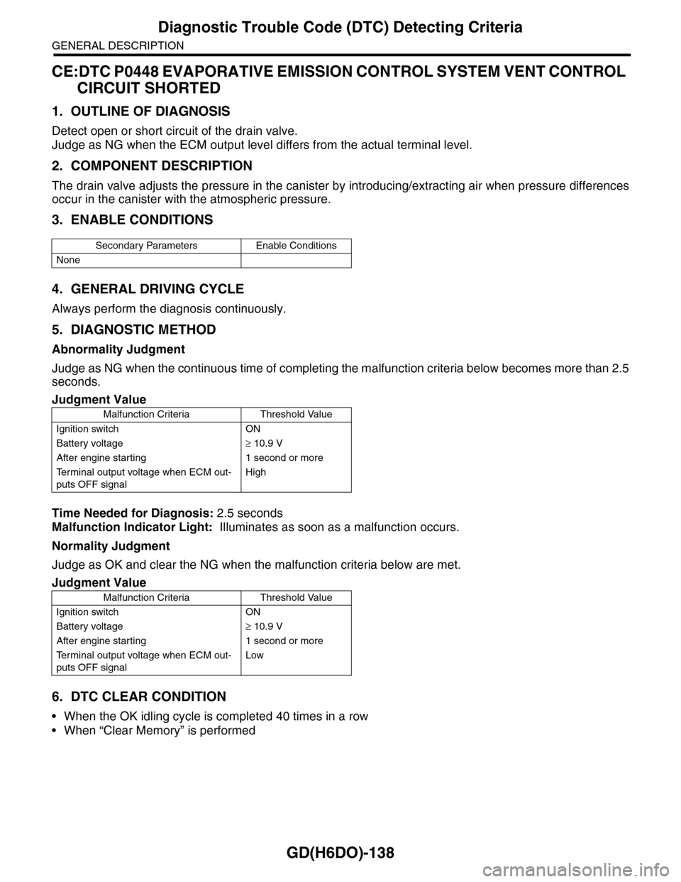 SUBARU TRIBECA 2009 1.G Service Workshop Manual GD(H6DO)-138
Diagnostic Trouble Code (DTC) Detecting Criteria
GENERAL DESCRIPTION
CE:DTC P0448 EVAPORATIVE EMISSION CONTROL SYSTEM VENT CONTROL 
CIRCUIT SHORTED
1. OUTLINE OF DIAGNOSIS
Detect open or 