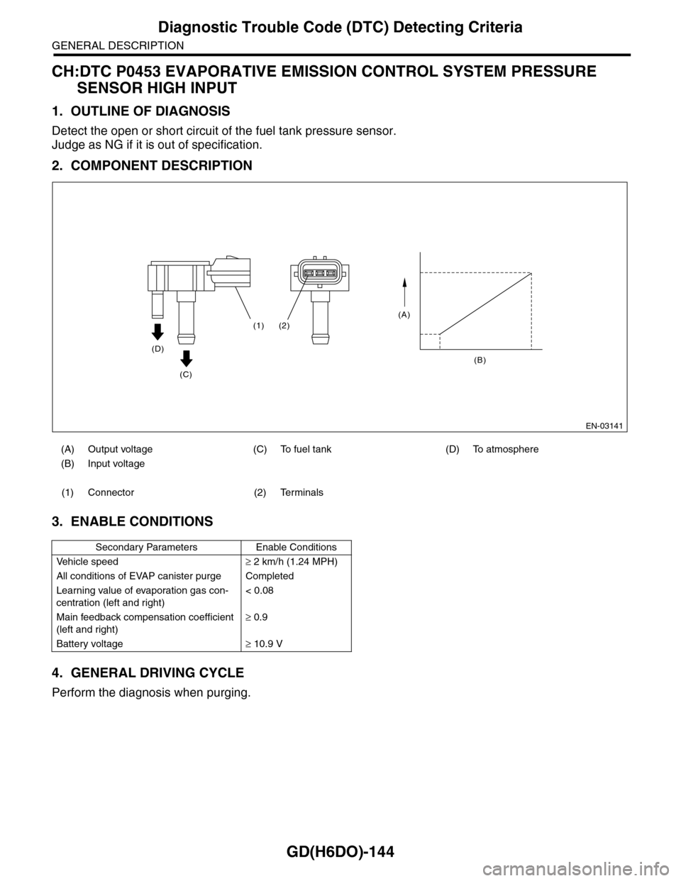 SUBARU TRIBECA 2009 1.G Service Workshop Manual GD(H6DO)-144
Diagnostic Trouble Code (DTC) Detecting Criteria
GENERAL DESCRIPTION
CH:DTC P0453 EVAPORATIVE EMISSION CONTROL SYSTEM PRESSURE
SENSOR HIGH INPUT
1. OUTLINE OF DIAGNOSIS
Detect the open o SUBARU TRIBECA 2009 1.G Service Workshop Manual GD(H6DO)-144
Diagnostic Trouble Code (DTC) Detecting Criteria
GENERAL DESCRIPTION
CH:DTC P0453 EVAPORATIVE EMISSION CONTROL SYSTEM PRESSURE
SENSOR HIGH INPUT
1. OUTLINE OF DIAGNOSIS
Detect the open o