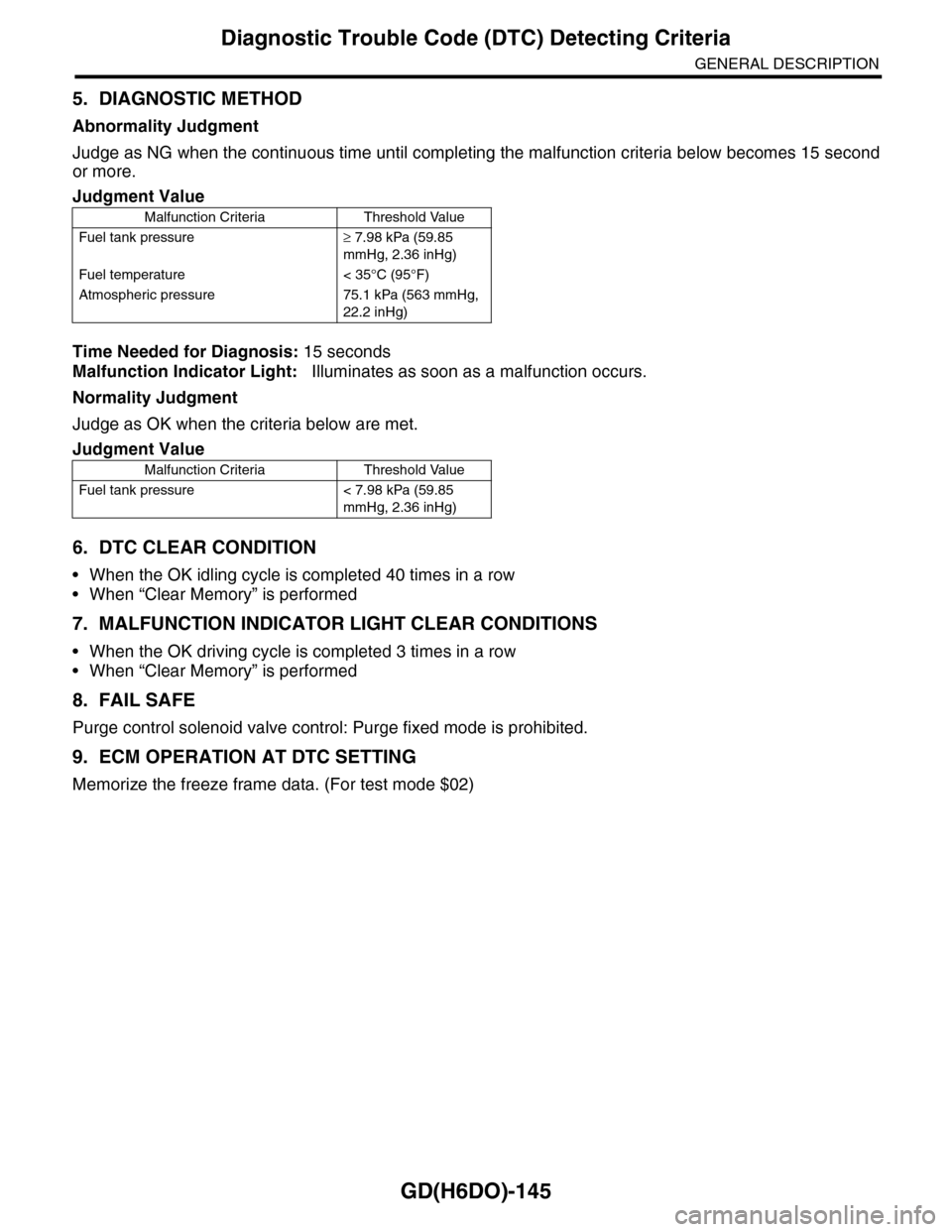 SUBARU TRIBECA 2009 1.G Service Workshop Manual GD(H6DO)-145
Diagnostic Trouble Code (DTC) Detecting Criteria
GENERAL DESCRIPTION
5. DIAGNOSTIC METHOD
Abnormality Judgment
Judge as NG when the continuous time until completing the malfunction criter