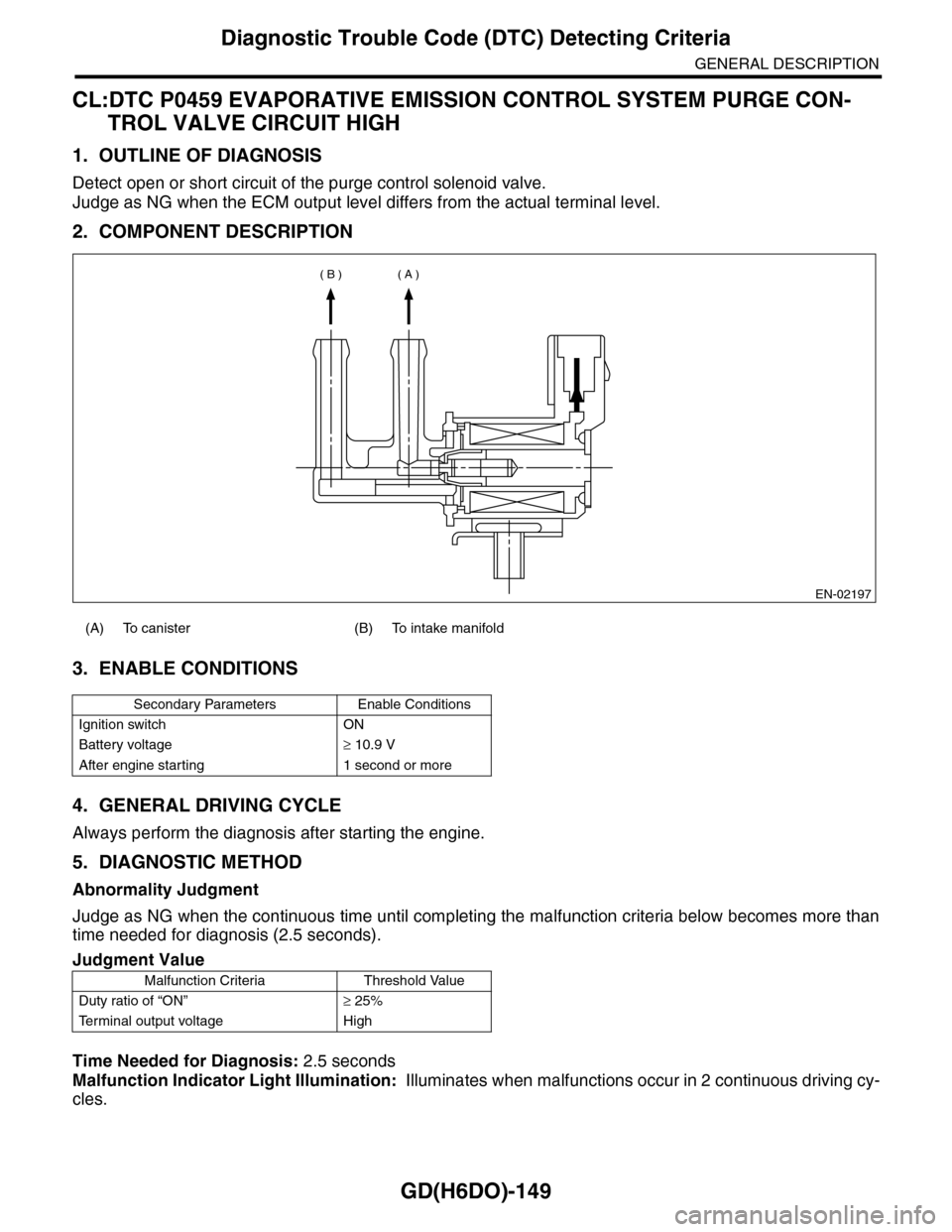 SUBARU TRIBECA 2009 1.G Service Workshop Manual GD(H6DO)-149
Diagnostic Trouble Code (DTC) Detecting Criteria
GENERAL DESCRIPTION
CL:DTC P0459 EVAPORATIVE EMISSION CONTROL SYSTEM PURGE CON-
TROL VALVE CIRCUIT HIGH
1. OUTLINE OF DIAGNOSIS
Detect ope SUBARU TRIBECA 2009 1.G Service Workshop Manual GD(H6DO)-149
Diagnostic Trouble Code (DTC) Detecting Criteria
GENERAL DESCRIPTION
CL:DTC P0459 EVAPORATIVE EMISSION CONTROL SYSTEM PURGE CON-
TROL VALVE CIRCUIT HIGH
1. OUTLINE OF DIAGNOSIS
Detect ope