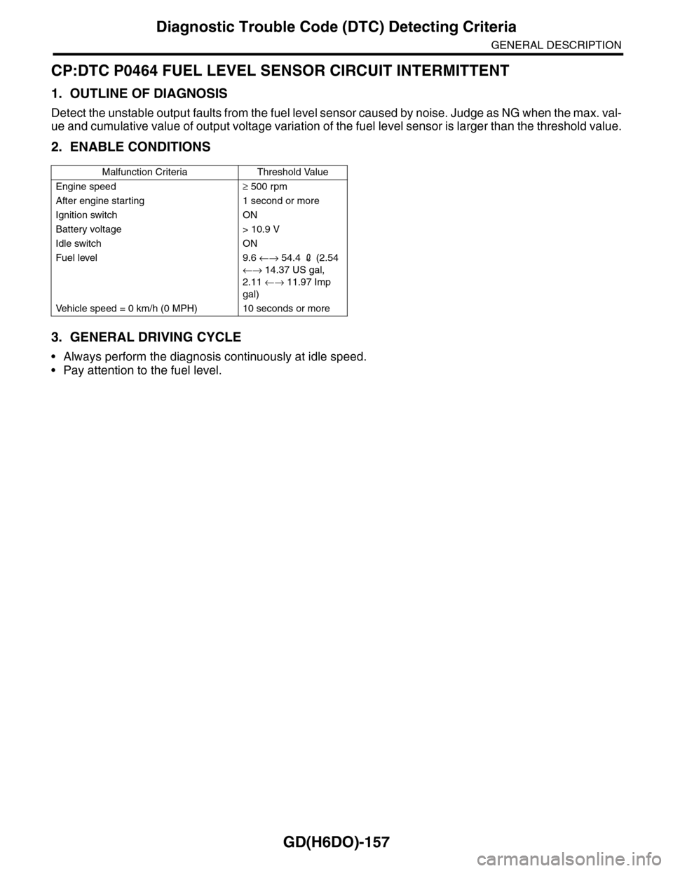 SUBARU TRIBECA 2009 1.G Service Workshop Manual GD(H6DO)-157
Diagnostic Trouble Code (DTC) Detecting Criteria
GENERAL DESCRIPTION
CP:DTC P0464 FUEL LEVEL SENSOR CIRCUIT INTERMITTENT
1. OUTLINE OF DIAGNOSIS
Detect the unstable output faults from the SUBARU TRIBECA 2009 1.G Service Workshop Manual GD(H6DO)-157
Diagnostic Trouble Code (DTC) Detecting Criteria
GENERAL DESCRIPTION
CP:DTC P0464 FUEL LEVEL SENSOR CIRCUIT INTERMITTENT
1. OUTLINE OF DIAGNOSIS
Detect the unstable output faults from the