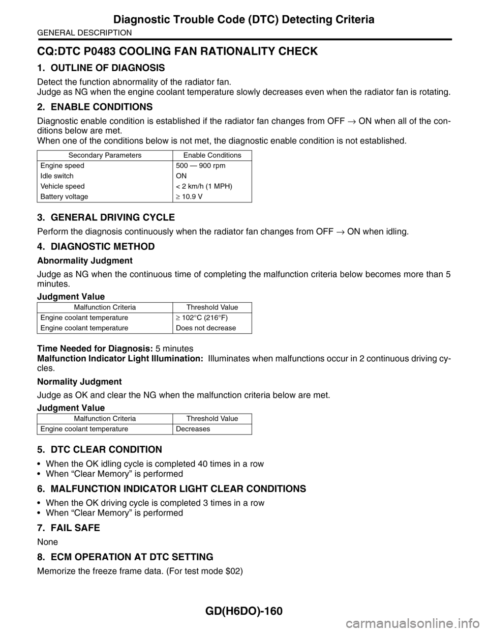 SUBARU TRIBECA 2009 1.G Service Workshop Manual GD(H6DO)-160
Diagnostic Trouble Code (DTC) Detecting Criteria
GENERAL DESCRIPTION
CQ:DTC P0483 COOLING FAN RATIONALITY CHECK
1. OUTLINE OF DIAGNOSIS
Detect the function abnormality of the radiator fan SUBARU TRIBECA 2009 1.G Service Workshop Manual GD(H6DO)-160
Diagnostic Trouble Code (DTC) Detecting Criteria
GENERAL DESCRIPTION
CQ:DTC P0483 COOLING FAN RATIONALITY CHECK
1. OUTLINE OF DIAGNOSIS
Detect the function abnormality of the radiator fan