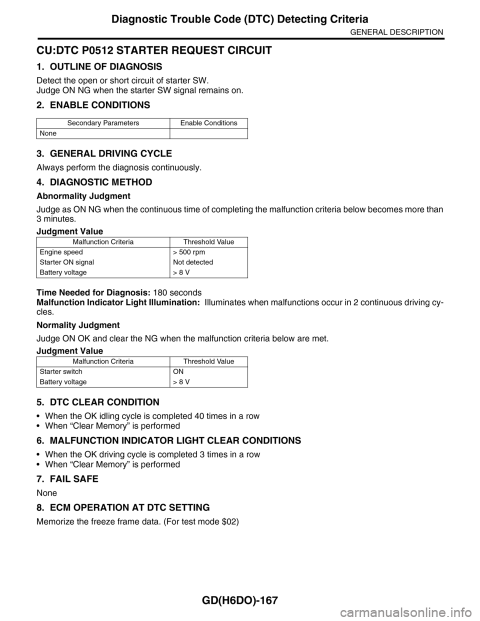 SUBARU TRIBECA 2009 1.G Service Workshop Manual GD(H6DO)-167
Diagnostic Trouble Code (DTC) Detecting Criteria
GENERAL DESCRIPTION
CU:DTC P0512 STARTER REQUEST CIRCUIT
1. OUTLINE OF DIAGNOSIS
Detect the open or short circuit of starter SW.
Judge ON SUBARU TRIBECA 2009 1.G Service Workshop Manual GD(H6DO)-167
Diagnostic Trouble Code (DTC) Detecting Criteria
GENERAL DESCRIPTION
CU:DTC P0512 STARTER REQUEST CIRCUIT
1. OUTLINE OF DIAGNOSIS
Detect the open or short circuit of starter SW.
Judge ON