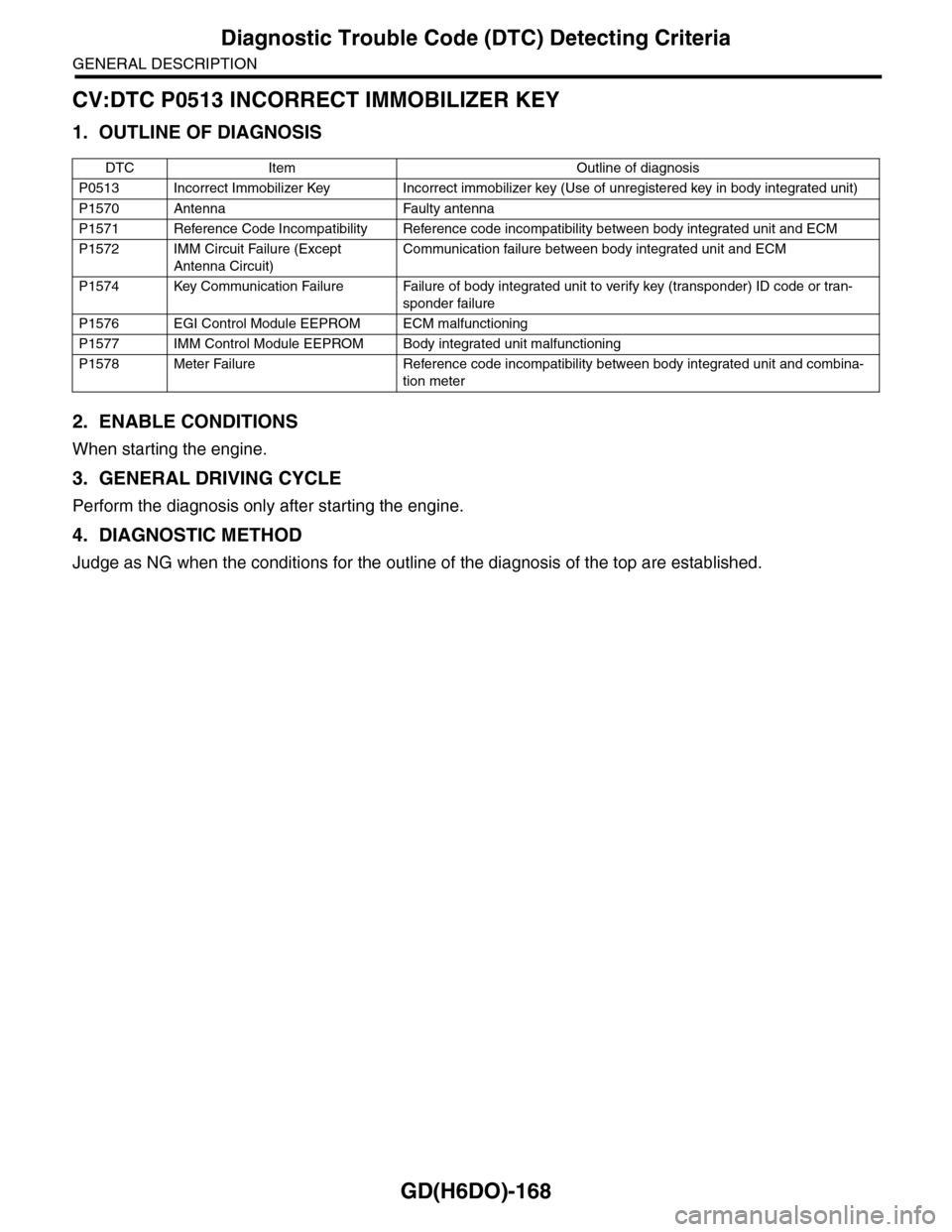 SUBARU TRIBECA 2009 1.G Service Workshop Manual GD(H6DO)-168
Diagnostic Trouble Code (DTC) Detecting Criteria
GENERAL DESCRIPTION
CV:DTC P0513 INCORRECT IMMOBILIZER KEY
1. OUTLINE OF DIAGNOSIS
2. ENABLE CONDITIONS
When starting the engine.
3. GENER SUBARU TRIBECA 2009 1.G Service Workshop Manual GD(H6DO)-168
Diagnostic Trouble Code (DTC) Detecting Criteria
GENERAL DESCRIPTION
CV:DTC P0513 INCORRECT IMMOBILIZER KEY
1. OUTLINE OF DIAGNOSIS
2. ENABLE CONDITIONS
When starting the engine.
3. GENER