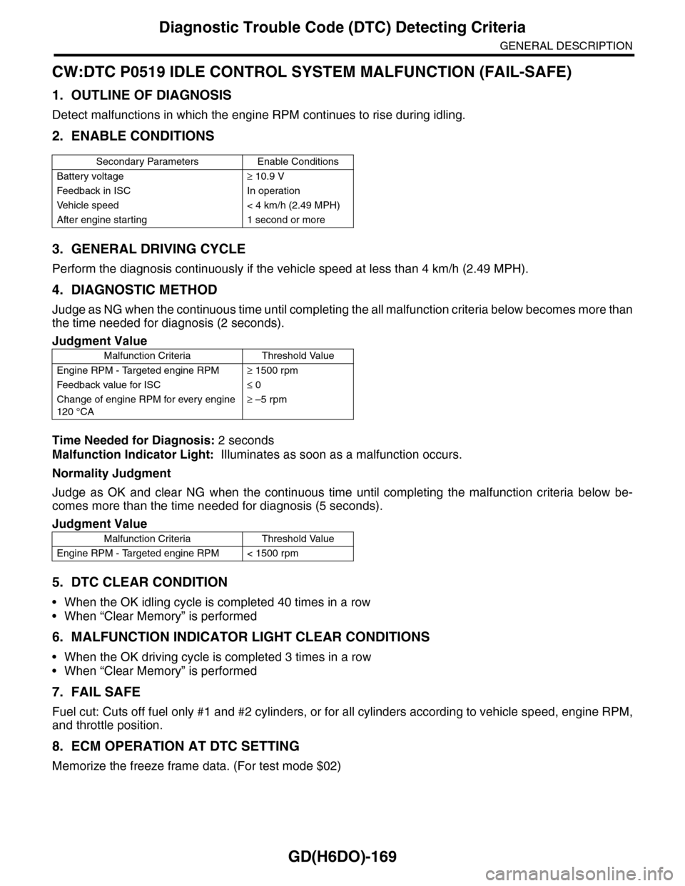 SUBARU TRIBECA 2009 1.G Service Workshop Manual GD(H6DO)-169
Diagnostic Trouble Code (DTC) Detecting Criteria
GENERAL DESCRIPTION
CW:DTC P0519 IDLE CONTROL SYSTEM MALFUNCTION (FAIL-SAFE)
1. OUTLINE OF DIAGNOSIS
Detect malfunctions in which the engi SUBARU TRIBECA 2009 1.G Service Workshop Manual GD(H6DO)-169
Diagnostic Trouble Code (DTC) Detecting Criteria
GENERAL DESCRIPTION
CW:DTC P0519 IDLE CONTROL SYSTEM MALFUNCTION (FAIL-SAFE)
1. OUTLINE OF DIAGNOSIS
Detect malfunctions in which the engi