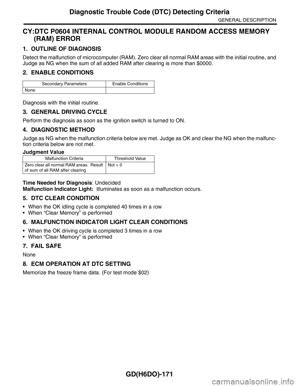 SUBARU TRIBECA 2009 1.G Service Workshop Manual GD(H6DO)-171
Diagnostic Trouble Code (DTC) Detecting Criteria
GENERAL DESCRIPTION
CY:DTC P0604 INTERNAL CONTROL MODULE RANDOM ACCESS MEMORY
(RAM) ERROR
1. OUTLINE OF DIAGNOSIS
Detect the malfunction SUBARU TRIBECA 2009 1.G Service Workshop Manual GD(H6DO)-171
Diagnostic Trouble Code (DTC) Detecting Criteria
GENERAL DESCRIPTION
CY:DTC P0604 INTERNAL CONTROL MODULE RANDOM ACCESS MEMORY
(RAM) ERROR
1. OUTLINE OF DIAGNOSIS
Detect the malfunction