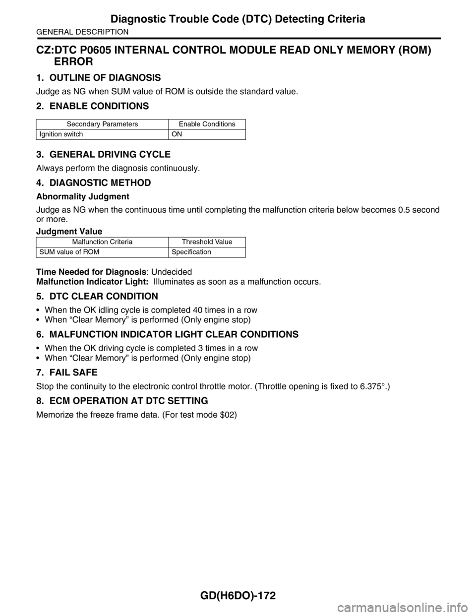 SUBARU TRIBECA 2009 1.G Service Workshop Manual GD(H6DO)-172
Diagnostic Trouble Code (DTC) Detecting Criteria
GENERAL DESCRIPTION
CZ:DTC P0605 INTERNAL CONTROL MODULE READ ONLY MEMORY (ROM)
ERROR
1. OUTLINE OF DIAGNOSIS
Judge as NG when SUM value SUBARU TRIBECA 2009 1.G Service Workshop Manual GD(H6DO)-172
Diagnostic Trouble Code (DTC) Detecting Criteria
GENERAL DESCRIPTION
CZ:DTC P0605 INTERNAL CONTROL MODULE READ ONLY MEMORY (ROM)
ERROR
1. OUTLINE OF DIAGNOSIS
Judge as NG when SUM value