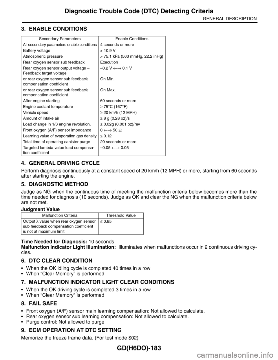 SUBARU TRIBECA 2009 1.G Service Workshop Manual GD(H6DO)-183
Diagnostic Trouble Code (DTC) Detecting Criteria
GENERAL DESCRIPTION
3. ENABLE CONDITIONS
4. GENERAL DRIVING CYCLE
Perform diagnosis continuously at a constant speed of 20 km/h (12 MPH) o SUBARU TRIBECA 2009 1.G Service Workshop Manual GD(H6DO)-183
Diagnostic Trouble Code (DTC) Detecting Criteria
GENERAL DESCRIPTION
3. ENABLE CONDITIONS
4. GENERAL DRIVING CYCLE
Perform diagnosis continuously at a constant speed of 20 km/h (12 MPH) o