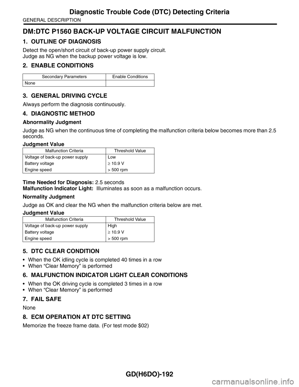 SUBARU TRIBECA 2009 1.G Service Workshop Manual GD(H6DO)-192
Diagnostic Trouble Code (DTC) Detecting Criteria
GENERAL DESCRIPTION
DM:DTC P1560 BACK-UP VOLTAGE CIRCUIT MALFUNCTION
1. OUTLINE OF DIAGNOSIS
Detect the open/short circuit of back-up powe SUBARU TRIBECA 2009 1.G Service Workshop Manual GD(H6DO)-192
Diagnostic Trouble Code (DTC) Detecting Criteria
GENERAL DESCRIPTION
DM:DTC P1560 BACK-UP VOLTAGE CIRCUIT MALFUNCTION
1. OUTLINE OF DIAGNOSIS
Detect the open/short circuit of back-up powe