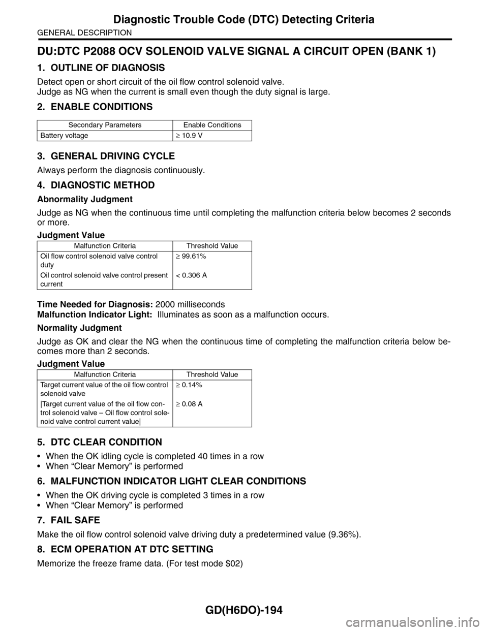SUBARU TRIBECA 2009 1.G Service Workshop Manual GD(H6DO)-194
Diagnostic Trouble Code (DTC) Detecting Criteria
GENERAL DESCRIPTION
DU:DTC P2088 OCV SOLENOID VALVE SIGNAL A CIRCUIT OPEN (BANK 1)
1. OUTLINE OF DIAGNOSIS
Detect open or short circuit of SUBARU TRIBECA 2009 1.G Service Workshop Manual GD(H6DO)-194
Diagnostic Trouble Code (DTC) Detecting Criteria
GENERAL DESCRIPTION
DU:DTC P2088 OCV SOLENOID VALVE SIGNAL A CIRCUIT OPEN (BANK 1)
1. OUTLINE OF DIAGNOSIS
Detect open or short circuit of