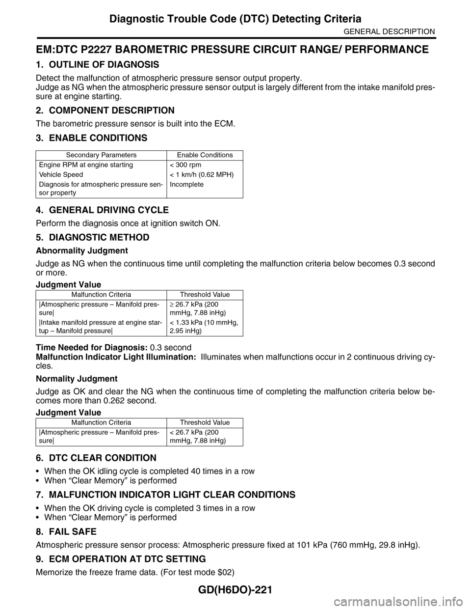 SUBARU TRIBECA 2009 1.G Service Workshop Manual GD(H6DO)-221
Diagnostic Trouble Code (DTC) Detecting Criteria
GENERAL DESCRIPTION
EM:DTC P2227 BAROMETRIC PRESSURE CIRCUIT RANGE/ PERFORMANCE
1. OUTLINE OF DIAGNOSIS
Detect the malfunction of atmosphe SUBARU TRIBECA 2009 1.G Service Workshop Manual GD(H6DO)-221
Diagnostic Trouble Code (DTC) Detecting Criteria
GENERAL DESCRIPTION
EM:DTC P2227 BAROMETRIC PRESSURE CIRCUIT RANGE/ PERFORMANCE
1. OUTLINE OF DIAGNOSIS
Detect the malfunction of atmosphe