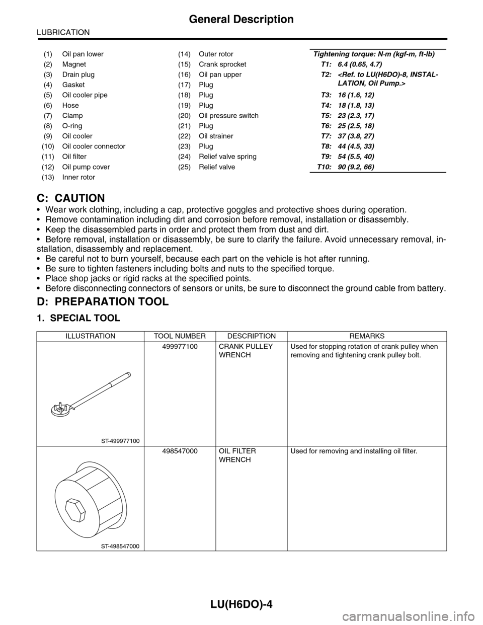 SUBARU TRIBECA 2009 1.G Service Workshop Manual LU(H6DO)-4
General Description
LUBRICATION
C: CAUTION
•Wear work clothing, including a cap, protective goggles and protective shoes during operation.
•Remove contamination including dirt and corro SUBARU TRIBECA 2009 1.G Service Workshop Manual LU(H6DO)-4
General Description
LUBRICATION
C: CAUTION
•Wear work clothing, including a cap, protective goggles and protective shoes during operation.
•Remove contamination including dirt and corro