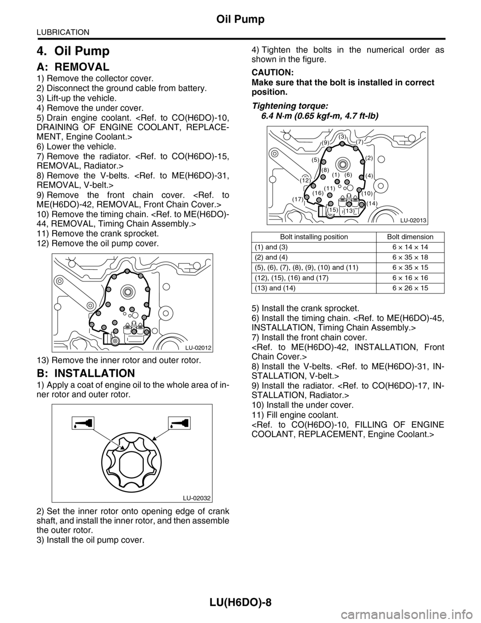 SUBARU TRIBECA 2009 1.G Service Workshop Manual LU(H6DO)-8
Oil Pump
LUBRICATION
4. Oil Pump
A: REMOVAL
1) Remove the collector cover.
2) Disconnect the ground cable from battery.
3) Lift-up the vehicle.
4) Remove the under cover.
5) Drain  engine  