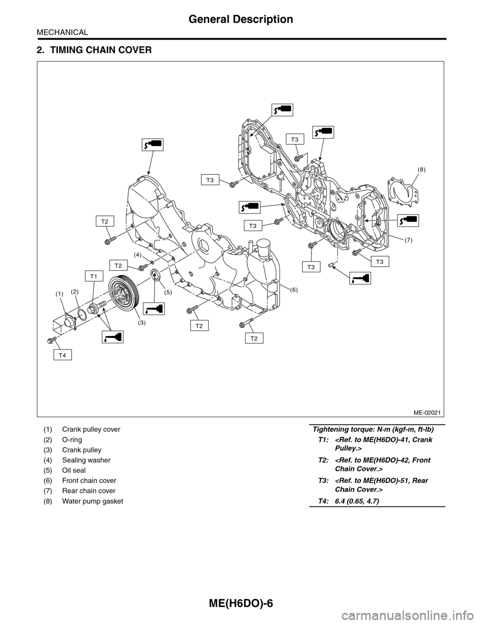 SUBARU TRIBECA 2009 1.G Service Workshop Manual ME(H6DO)-6
General Description
MECHANICAL
2. TIMING CHAIN COVER
(1) Crank pulley coverTightening torque: N·m (kgf-m, ft-lb)
(2) O-ringT1: <Ref. to ME(H6DO)-41, Crank
Pulley.>(3) Crank pulley
(4) Sea SUBARU TRIBECA 2009 1.G Service Workshop Manual ME(H6DO)-6
General Description
MECHANICAL
2. TIMING CHAIN COVER
(1) Crank pulley coverTightening torque: N·m (kgf-m, ft-lb)
(2) O-ringT1: <Ref. to ME(H6DO)-41, Crank
Pulley.>(3) Crank pulley
(4) Sea