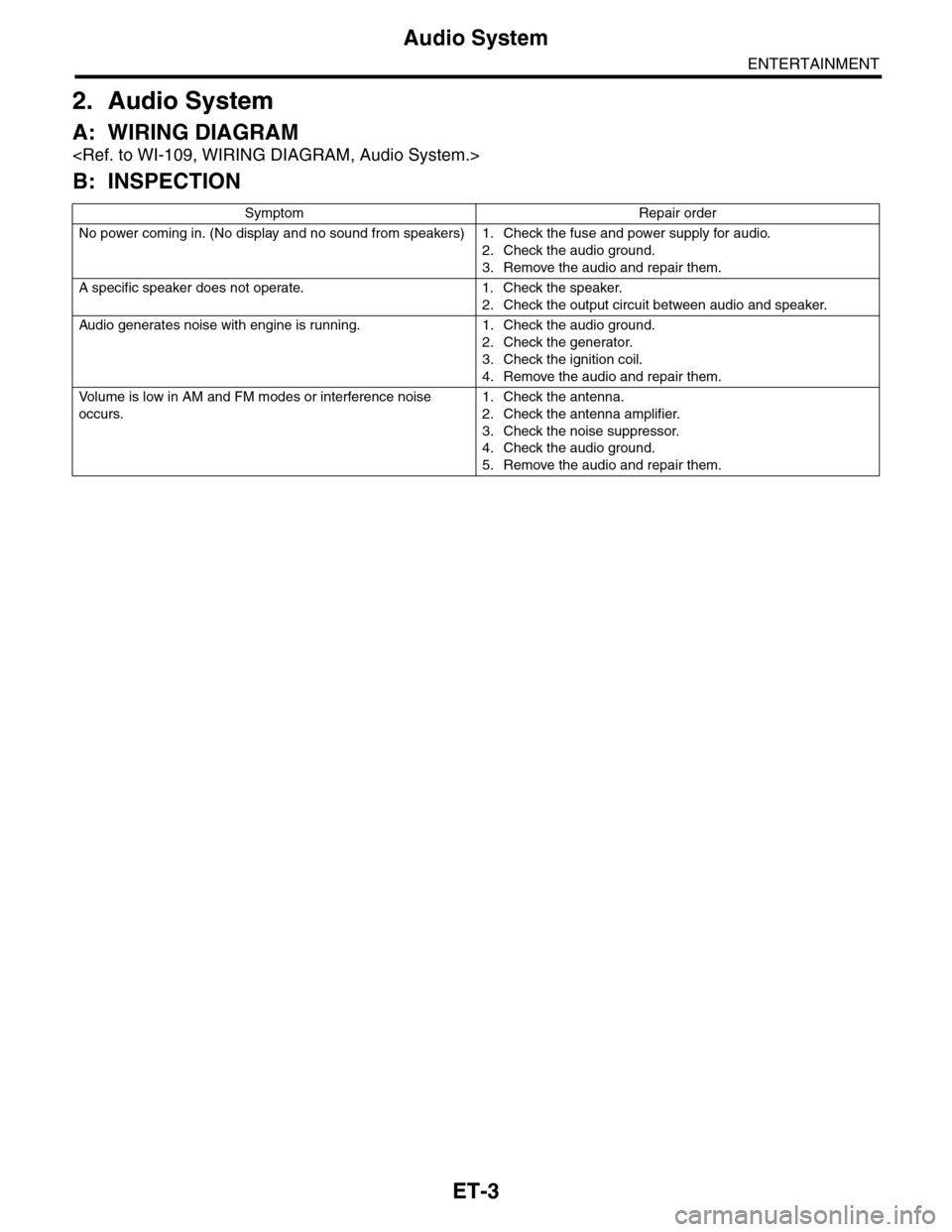 SUBARU TRIBECA 2009 1.G Service Workshop Manual ET-3
Audio System
ENTERTAINMENT
2. Audio System
A: WIRING DIAGRAM
<Ref. to WI-109, WIRING DIAGRAM, Audio System.>
B: INSPECTION
Symptom Repair order
No power coming in. (No display and no sound from s SUBARU TRIBECA 2009 1.G Service Workshop Manual ET-3
Audio System
ENTERTAINMENT
2. Audio System
A: WIRING DIAGRAM
<Ref. to WI-109, WIRING DIAGRAM, Audio System.>
B: INSPECTION
Symptom Repair order
No power coming in. (No display and no sound from s