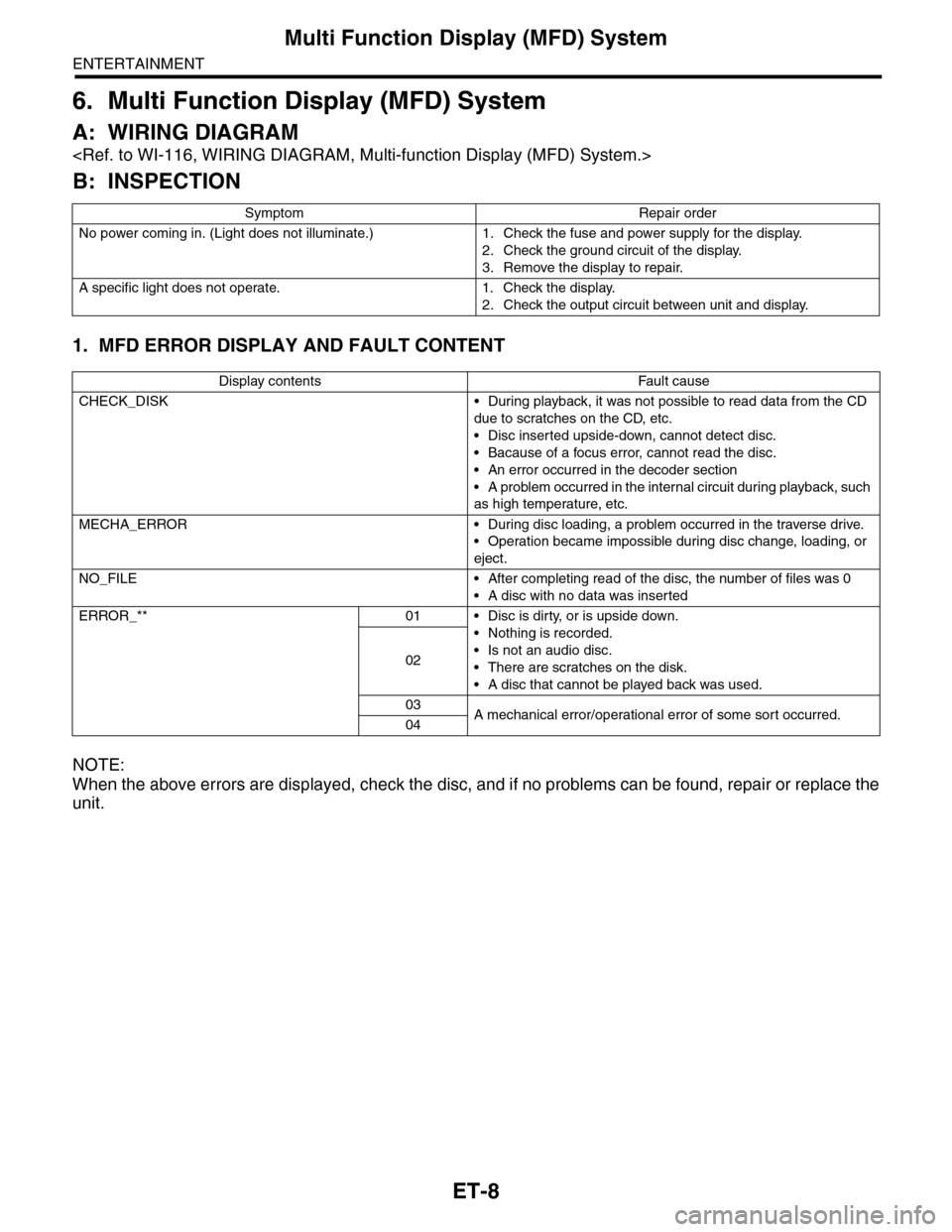 SUBARU TRIBECA 2009 1.G Service Workshop Manual ET-8
Multi Function Display (MFD) System
ENTERTAINMENT
6. Multi Function Display (MFD) System
A: WIRING DIAGRAM
<Ref. to WI-116, WIRING DIAGRAM, Multi-function Display (MFD) System.>
B: INSPECTION
1. 