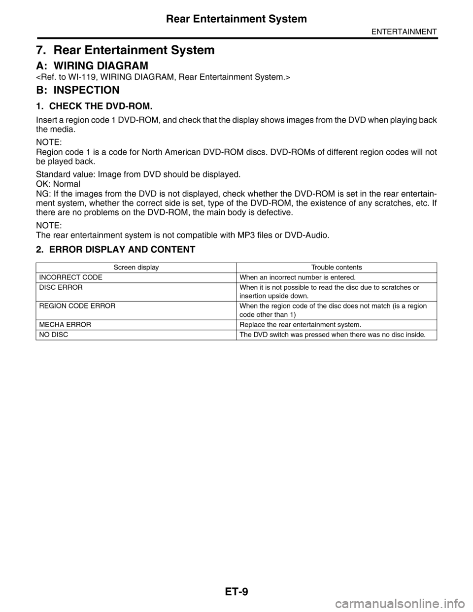 SUBARU TRIBECA 2009 1.G Service Workshop Manual ET-9
Rear Entertainment System
ENTERTAINMENT
7. Rear Entertainment System
A: WIRING DIAGRAM
<Ref. to WI-119, WIRING DIAGRAM, Rear Entertainment System.>
B: INSPECTION
1. CHECK THE DVD-ROM.
Insert a re SUBARU TRIBECA 2009 1.G Service Workshop Manual ET-9
Rear Entertainment System
ENTERTAINMENT
7. Rear Entertainment System
A: WIRING DIAGRAM
<Ref. to WI-119, WIRING DIAGRAM, Rear Entertainment System.>
B: INSPECTION
1. CHECK THE DVD-ROM.
Insert a re