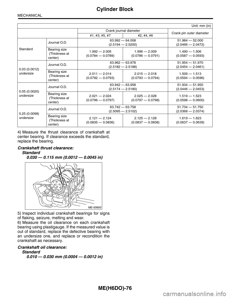 SUBARU TRIBECA 2009 1.G Service Workshop Manual ME(H6DO)-76
Cylinder Block
MECHANICAL
4) Measure the thrust clearance of crankshaft at
center bearing. If clearance exceeds the standard,
replace the bearing.
Crankshaft thrust clearance:
Standa SUBARU TRIBECA 2009 1.G Service Workshop Manual ME(H6DO)-76
Cylinder Block
MECHANICAL
4) Measure the thrust clearance of crankshaft at
center bearing. If clearance exceeds the standard,
replace the bearing.
Crankshaft thrust clearance:
Standa