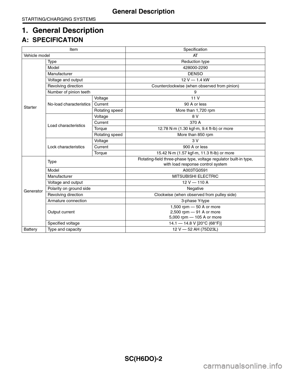 SUBARU TRIBECA 2009 1.G Service Workshop Manual SC(H6DO)-2
General Description
STARTING/CHARGING SYSTEMS
1. General Description
A: SPECIFICATION
Item Specification
Ve h i c l e m o d e lAT
Starter
Ty p e R e d u c t i o n t y p e
Model 428000-2 SUBARU TRIBECA 2009 1.G Service Workshop Manual SC(H6DO)-2
General Description
STARTING/CHARGING SYSTEMS
1. General Description
A: SPECIFICATION
Item Specification
Ve h i c l e m o d e lAT
Starter
Ty p e R e d u c t i o n t y p e
Model 428000-2