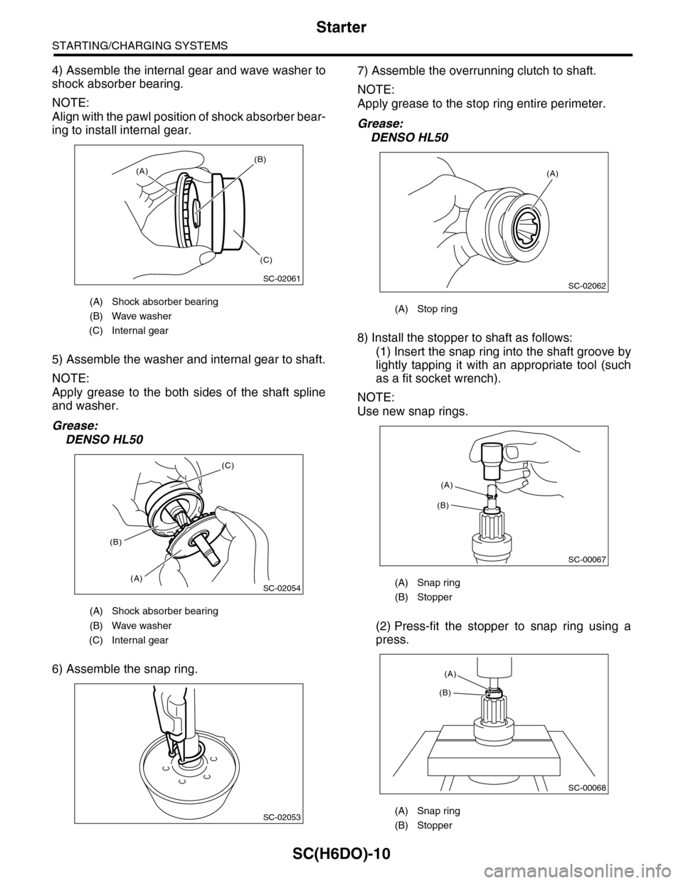 SUBARU TRIBECA 2009 1.G Service Workshop Manual SC(H6DO)-10
Starter
STARTING/CHARGING SYSTEMS
4) Assemble the internal gear and wave washer to
shock absorber bearing.
NOTE:
Align with the pawl position of shock absorber bear-
ing to install interna SUBARU TRIBECA 2009 1.G Service Workshop Manual SC(H6DO)-10
Starter
STARTING/CHARGING SYSTEMS
4) Assemble the internal gear and wave washer to
shock absorber bearing.
NOTE:
Align with the pawl position of shock absorber bear-
ing to install interna