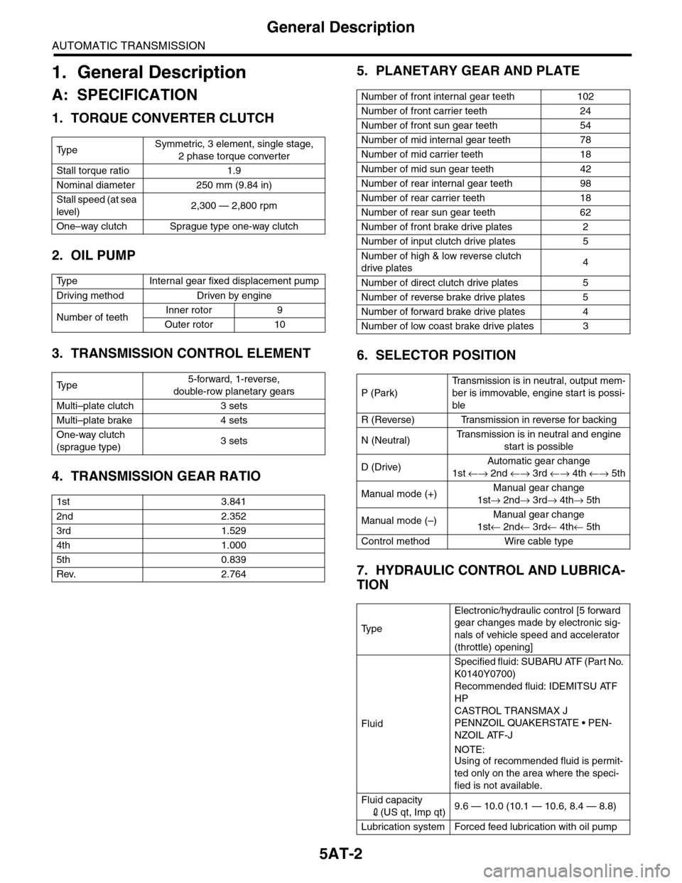 SUBARU TRIBECA 2009 1.G Service Owners Manual 5AT-2
General Description
AUTOMATIC TRANSMISSION
1. General Description
A: SPECIFICATION
1. TORQUE CONVERTER CLUTCH
2. OIL PUMP
3. TRANSMISSION CONTROL ELEMENT
4. TRANSMISSION GEAR RATIO
5. PLANETARY 