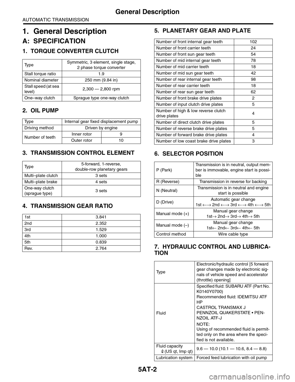 SUBARU TRIBECA 2009 1.G Service Workshop Manual 5AT-2
General Description
AUTOMATIC TRANSMISSION
1. General Description
A: SPECIFICATION
1. TORQUE CONVERTER CLUTCH
2. OIL PUMP
3. TRANSMISSION CONTROL ELEMENT
4. TRANSMISSION GEAR RATIO
5. PLANETARY 