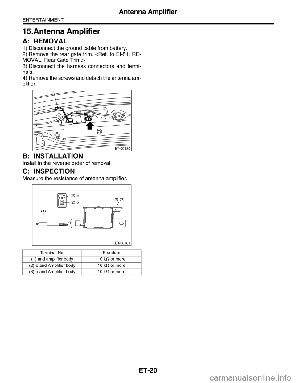 SUBARU TRIBECA 2009 1.G Service Workshop Manual ET-20
Antenna Amplifier
ENTERTAINMENT
15.Antenna Amplifier
A: REMOVAL
1) Disconnect the ground cable from battery.
2) Remove  the  rear  gate  trim.  <Ref.  to  EI-51,  RE-
MOVAL, Rear Gate Trim.>
3) 