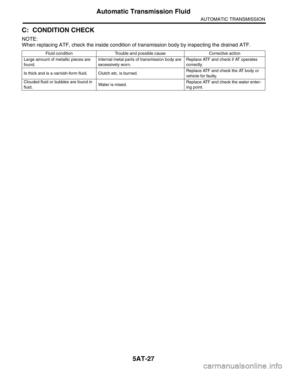 SUBARU TRIBECA 2009 1.G Service Workshop Manual 5AT-27
Automatic Transmission Fluid
AUTOMATIC TRANSMISSION
C: CONDITION CHECK
NOTE:
When replacing ATF, check the inside condition of transmission body by inspecting the drained ATF.
Fluid condition T
