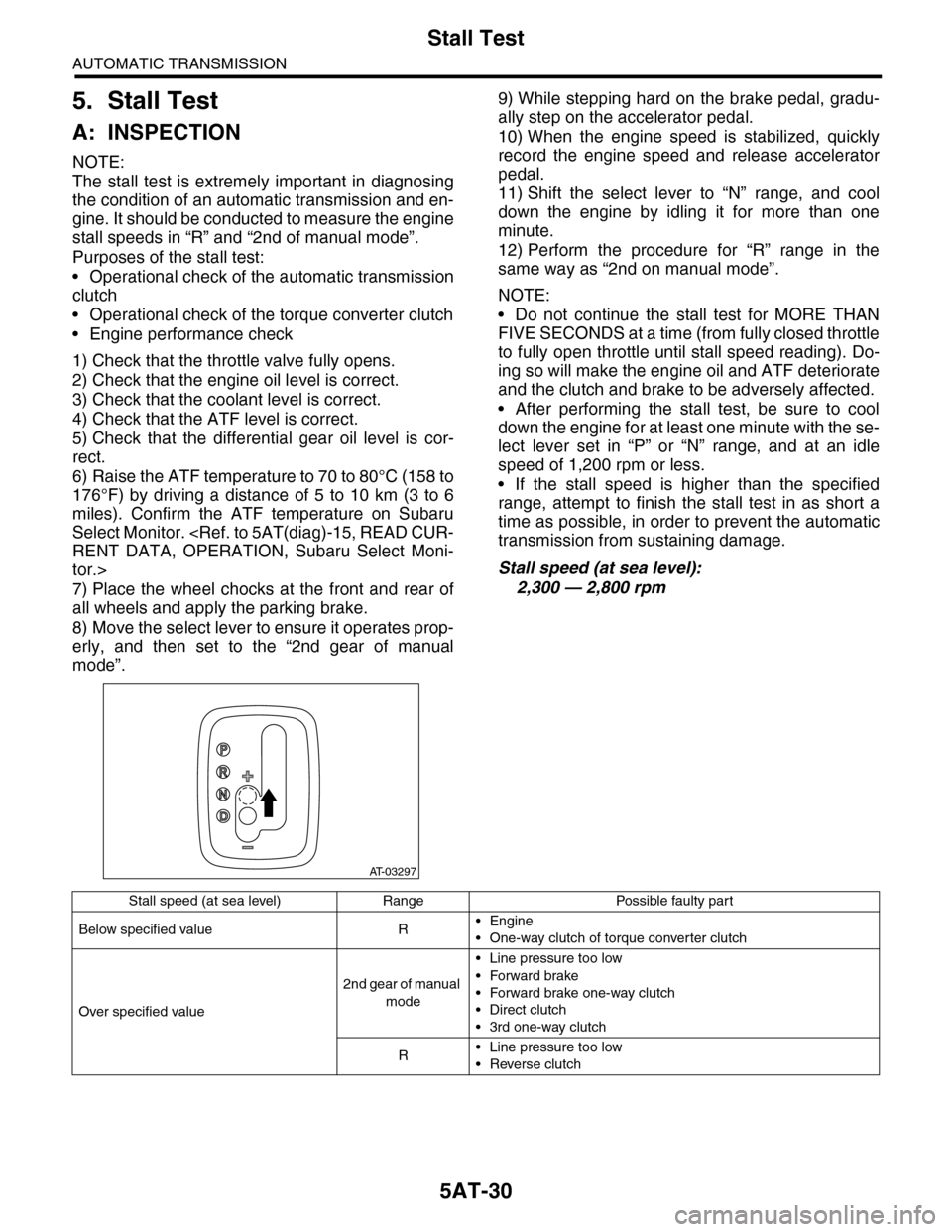 SUBARU TRIBECA 2009 1.G Service Owners Guide 5AT-30
Stall Test
AUTOMATIC TRANSMISSION
5. Stall Test
A: INSPECTION
NOTE:
The  stall  test  is  extremely  important  in  diagnosing
the condition of an automatic transmission and en-
gine. It should