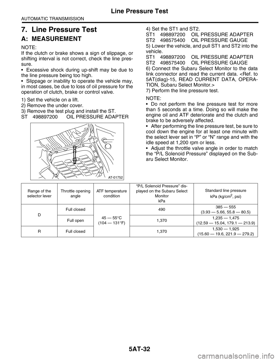 SUBARU TRIBECA 2009 1.G Service Workshop Manual 5AT-32
Line Pressure Test
AUTOMATIC TRANSMISSION
7. Line Pressure Test
A: MEASUREMENT
NOTE:
If  the  clutch  or  brake  shows  a  sign  of  slippage,  or
shifting  interval is not correct, check the l