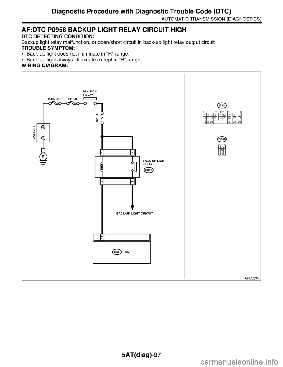 SUBARU TRIBECA 2009 1.G Service Workshop Manual 5AT(diag)-97
Diagnostic Procedure with Diagnostic Trouble Code (DTC)
AUTOMATIC TRANSMISSION (DIAGNOSTICS)
AF:DTC P0958 BACKUP LIGHT RELAY CIRCUIT HIGH
DTC DETECTING CONDITION:
Backup light relay malfu SUBARU TRIBECA 2009 1.G Service Workshop Manual 5AT(diag)-97
Diagnostic Procedure with Diagnostic Trouble Code (DTC)
AUTOMATIC TRANSMISSION (DIAGNOSTICS)
AF:DTC P0958 BACKUP LIGHT RELAY CIRCUIT HIGH
DTC DETECTING CONDITION:
Backup light relay malfu