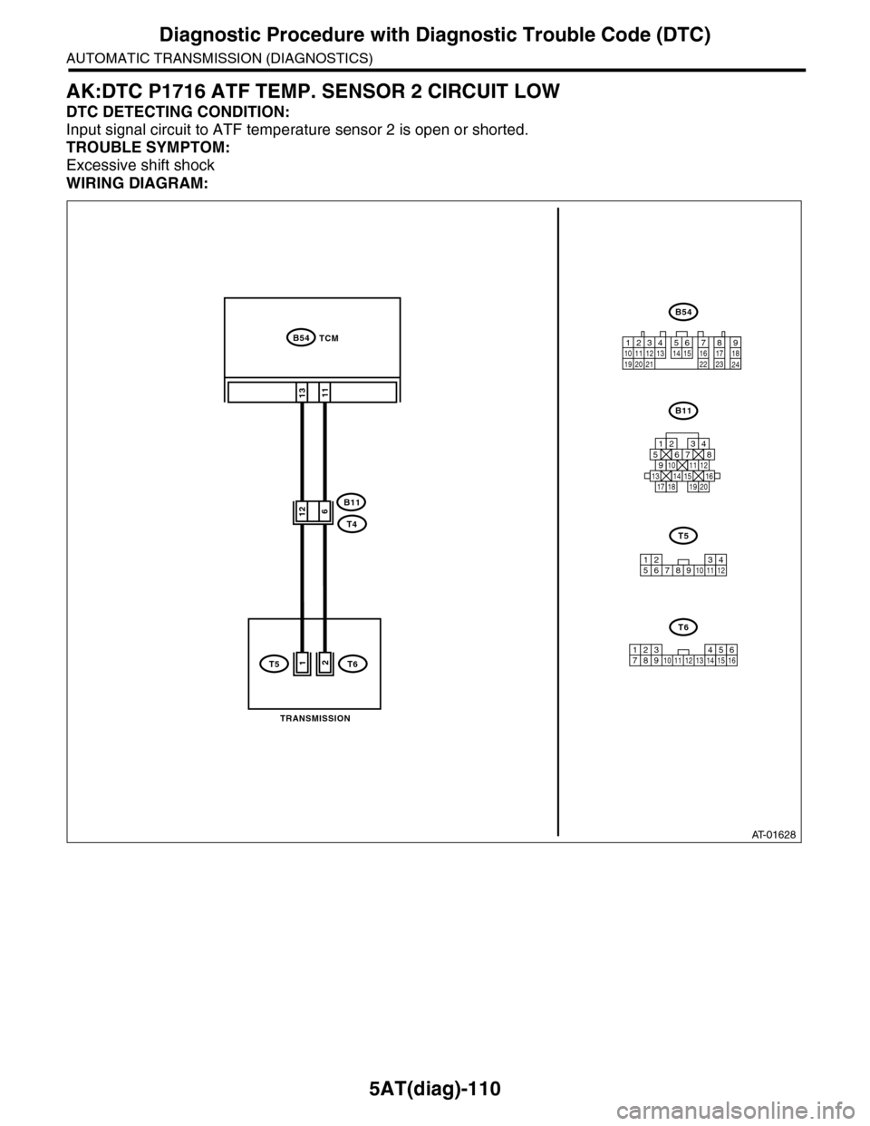SUBARU TRIBECA 2009 1.G Service Workshop Manual 5AT(diag)-110
Diagnostic Procedure with Diagnostic Trouble Code (DTC)
AUTOMATIC TRANSMISSION (DIAGNOSTICS)
AK:DTC P1716 ATF TEMP. SENSOR 2 CIRCUIT LOW
DTC DETECTING CONDITION:
Input signal circuit to SUBARU TRIBECA 2009 1.G Service Workshop Manual 5AT(diag)-110
Diagnostic Procedure with Diagnostic Trouble Code (DTC)
AUTOMATIC TRANSMISSION (DIAGNOSTICS)
AK:DTC P1716 ATF TEMP. SENSOR 2 CIRCUIT LOW
DTC DETECTING CONDITION:
Input signal circuit to