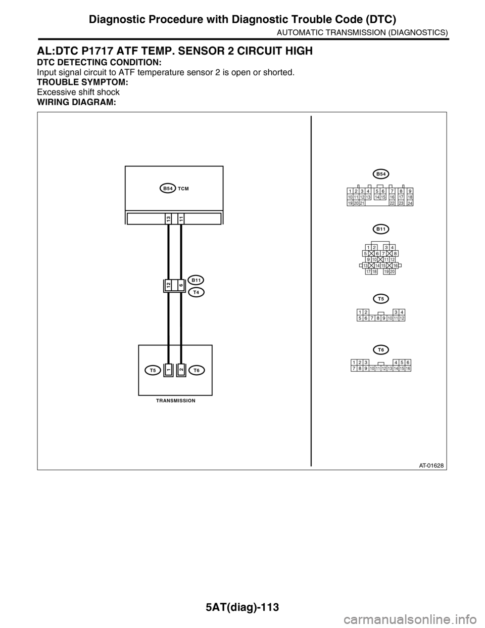 SUBARU TRIBECA 2009 1.G Service Workshop Manual 5AT(diag)-113
Diagnostic Procedure with Diagnostic Trouble Code (DTC)
AUTOMATIC TRANSMISSION (DIAGNOSTICS)
AL:DTC P1717 ATF TEMP. SENSOR 2 CIRCUIT HIGH
DTC DETECTING CONDITION:
Input signal circuit to SUBARU TRIBECA 2009 1.G Service Workshop Manual 5AT(diag)-113
Diagnostic Procedure with Diagnostic Trouble Code (DTC)
AUTOMATIC TRANSMISSION (DIAGNOSTICS)
AL:DTC P1717 ATF TEMP. SENSOR 2 CIRCUIT HIGH
DTC DETECTING CONDITION:
Input signal circuit to