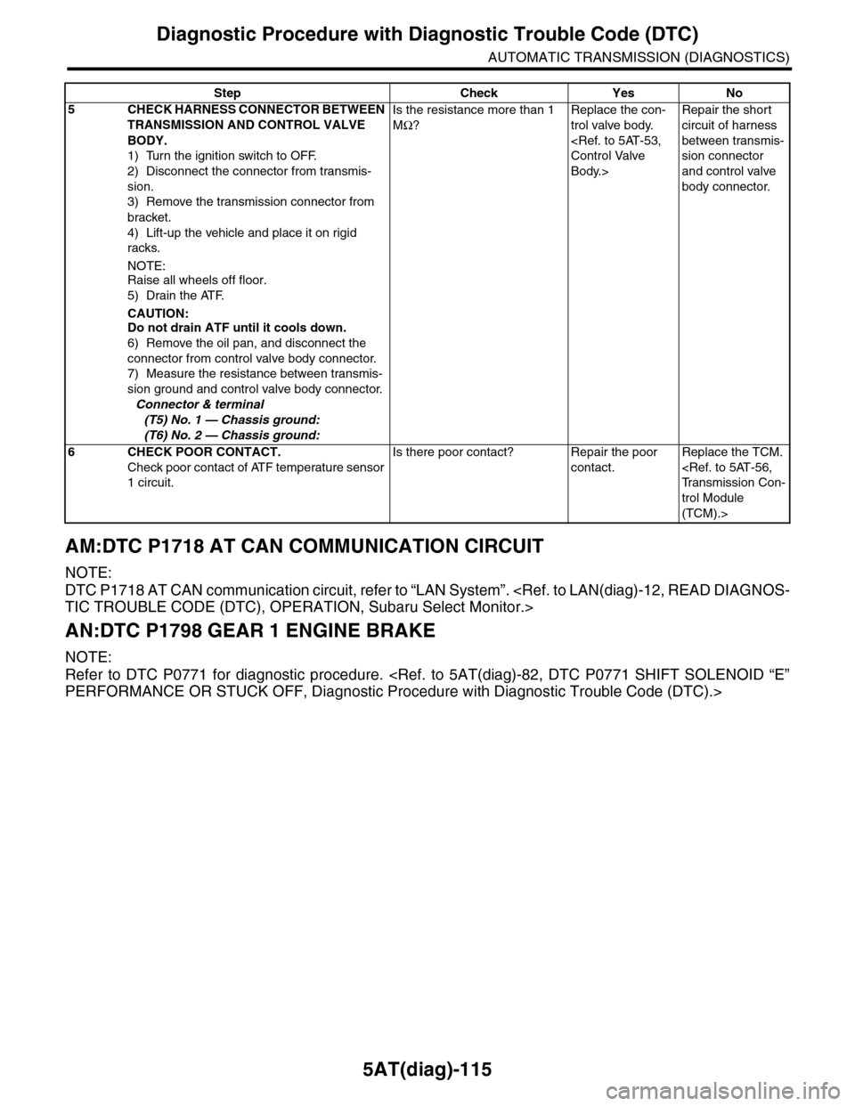 SUBARU TRIBECA 2009 1.G Service Workshop Manual 5AT(diag)-115
Diagnostic Procedure with Diagnostic Trouble Code (DTC)
AUTOMATIC TRANSMISSION (DIAGNOSTICS)
AM:DTC P1718 AT CAN COMMUNICATION CIRCUIT
NOTE:
DTC P1718 AT CAN communication circuit, refer SUBARU TRIBECA 2009 1.G Service Workshop Manual 5AT(diag)-115
Diagnostic Procedure with Diagnostic Trouble Code (DTC)
AUTOMATIC TRANSMISSION (DIAGNOSTICS)
AM:DTC P1718 AT CAN COMMUNICATION CIRCUIT
NOTE:
DTC P1718 AT CAN communication circuit, refer