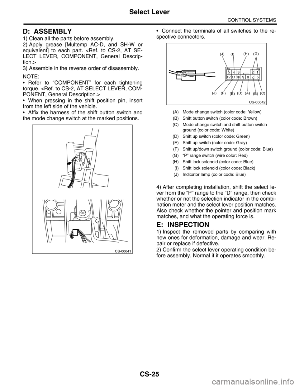 SUBARU TRIBECA 2009 1.G Service Workshop Manual CS-25
Select Lever
CONTROL SYSTEMS
D: ASSEMBLY
1) Clean all the parts before assembly.
2) Apply  grease  [Multemp  AC-D,  and  SH-W  or
equivalent]  to  each  part.  <Ref.  to  CS-2,  AT  SE-
LECT  LE