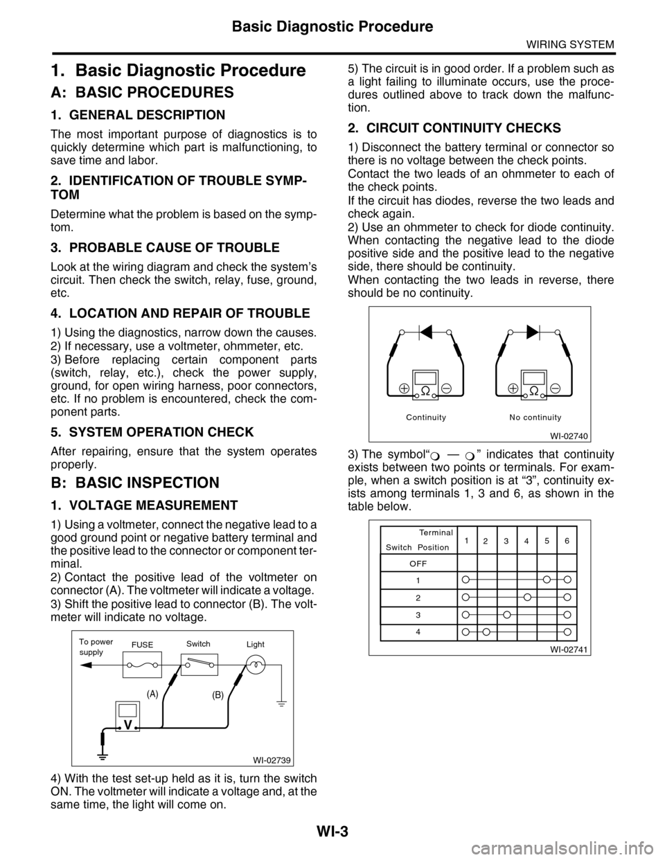 SUBARU TRIBECA 2009 1.G Service Workshop Manual WI-3
Basic Diagnostic Procedure
WIRING SYSTEM
1. Basic Diagnostic Procedure
A: BASIC PROCEDURES
1. GENERAL DESCRIPTION
The  most  important  purpose  of  diagnostics  is  to
quickly  determine  which 