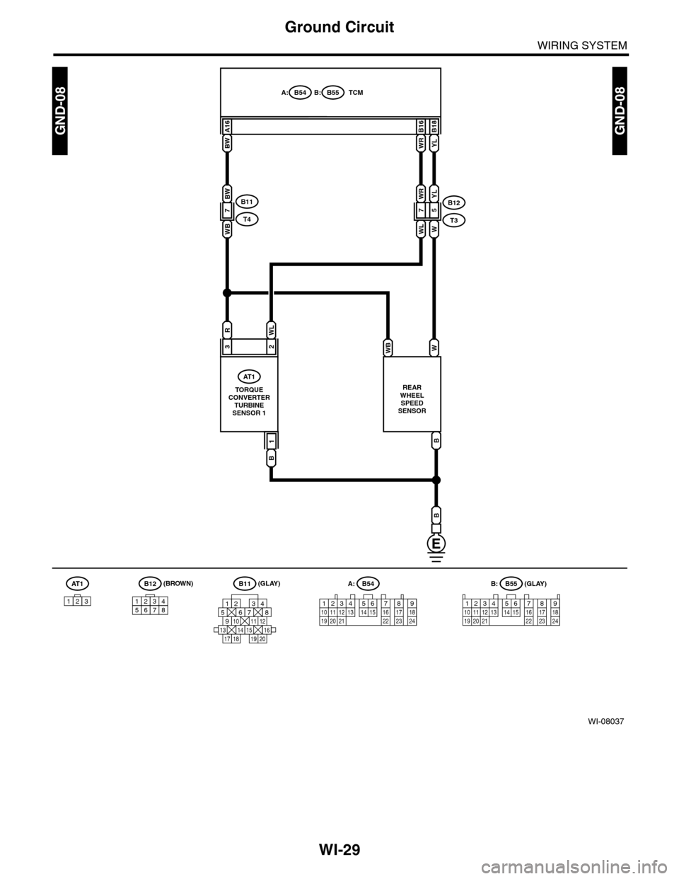 SUBARU TRIBECA 2009 1.G Service Workshop Manual WI-29
Ground Circuit
WIRING SYSTEM
WI-08037
GND-08GND-08
(GLAY)B11
125678
131415169101112
34
17181920
BW A16
B12
T3
WB
5
YL
7
WR
YLWR
WWL
B18B16
B55B54A: B:TCM
B
B
B
W
REARWHEELSPEEDSENSOR
TORQUECONVE SUBARU TRIBECA 2009 1.G Service Workshop Manual WI-29
Ground Circuit
WIRING SYSTEM
WI-08037
GND-08GND-08
(GLAY)B11
125678
131415169101112
34
17181920
BW A16
B12
T3
WB
5
YL
7
WR
YLWR
WWL
B18B16
B55B54A: B:TCM
B
B
B
W
REARWHEELSPEEDSENSOR
TORQUECONVE