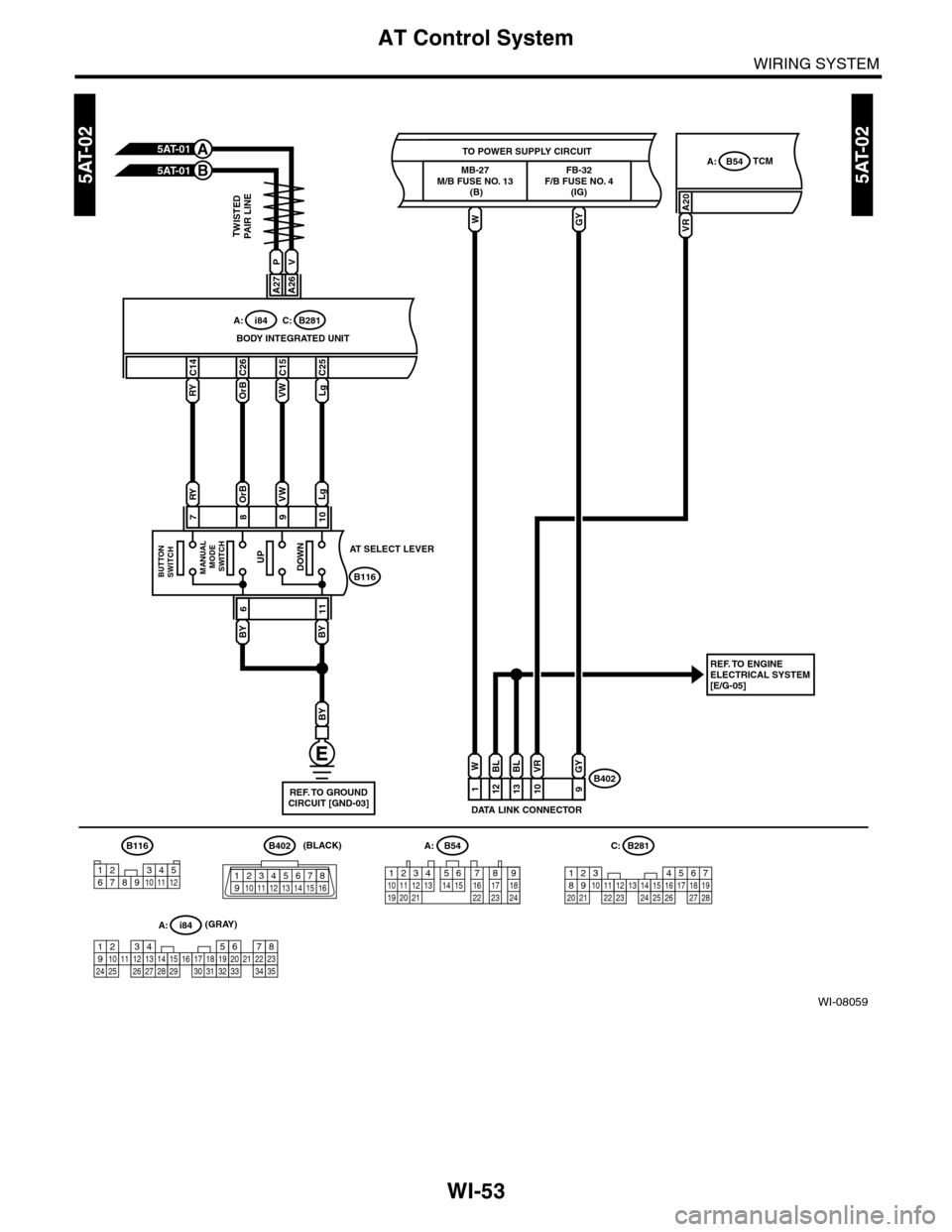 SUBARU TRIBECA 2009 1.G Service Workshop Manual WI-53
AT Control System
WIRING SYSTEM
WI-08059
5AT-025AT-02
MANUAL MODESWITCH
WGYVR
TO POWER SUPPLY CIRCUIT
FB-32F/B FUSE NO. 4(IG)
MB-27M/B FUSE NO. 13 (B)
A27
PV
A26
AT SELECT LEVER
B116
BY
A20
TCMB