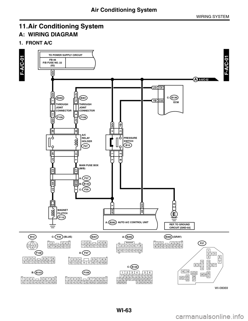 SUBARU TRIBECA 2009 1.G Service User Guide WI-63
Air Conditioning System
WIRING SYSTEM
11.Air Conditioning System
A: WIRING DIAGRAM
1. FRONT A/C
WI-08069
F-A/C-01F-A/C-01
FB-46F/B FUSE NO. 22 (IG)
TO POWER SUPPLY CIRCUIT
LOr
YB
GOr
ECM
C:B136
SUBARU TRIBECA 2009 1.G Service User Guide WI-63
Air Conditioning System
WIRING SYSTEM
11.Air Conditioning System
A: WIRING DIAGRAM
1. FRONT A/C
WI-08069
F-A/C-01F-A/C-01
FB-46F/B FUSE NO. 22 (IG)
TO POWER SUPPLY CIRCUIT
LOr
YB
GOr
ECM
C:B136