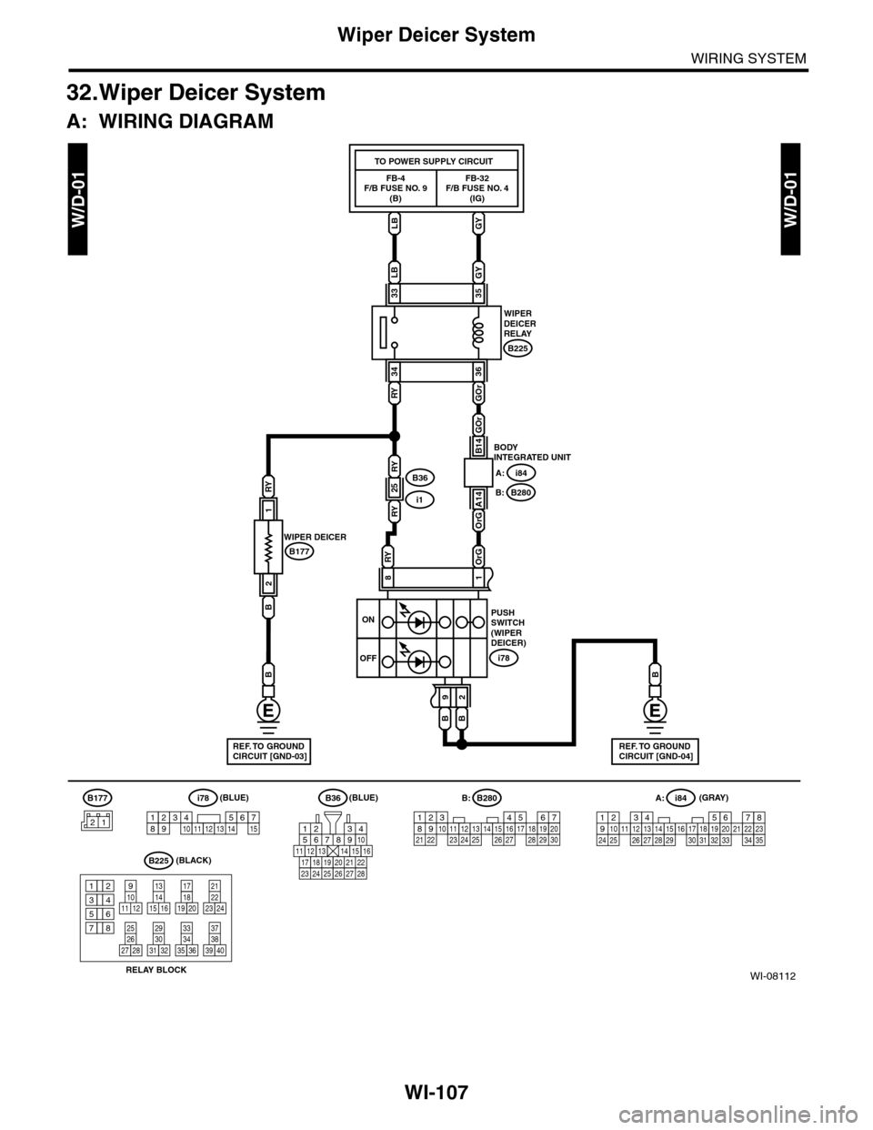 SUBARU TRIBECA 2009 1.G Service Workshop Manual WI-107
Wiper Deicer System
WIRING SYSTEM
32.Wiper Deicer System
A: WIRING DIAGRAM
WI-08112
W/D-01W/D-01
B177i78
131415123456789101112
B36
56782194310
242223 252726 28
11121314151617181920 21
546782193