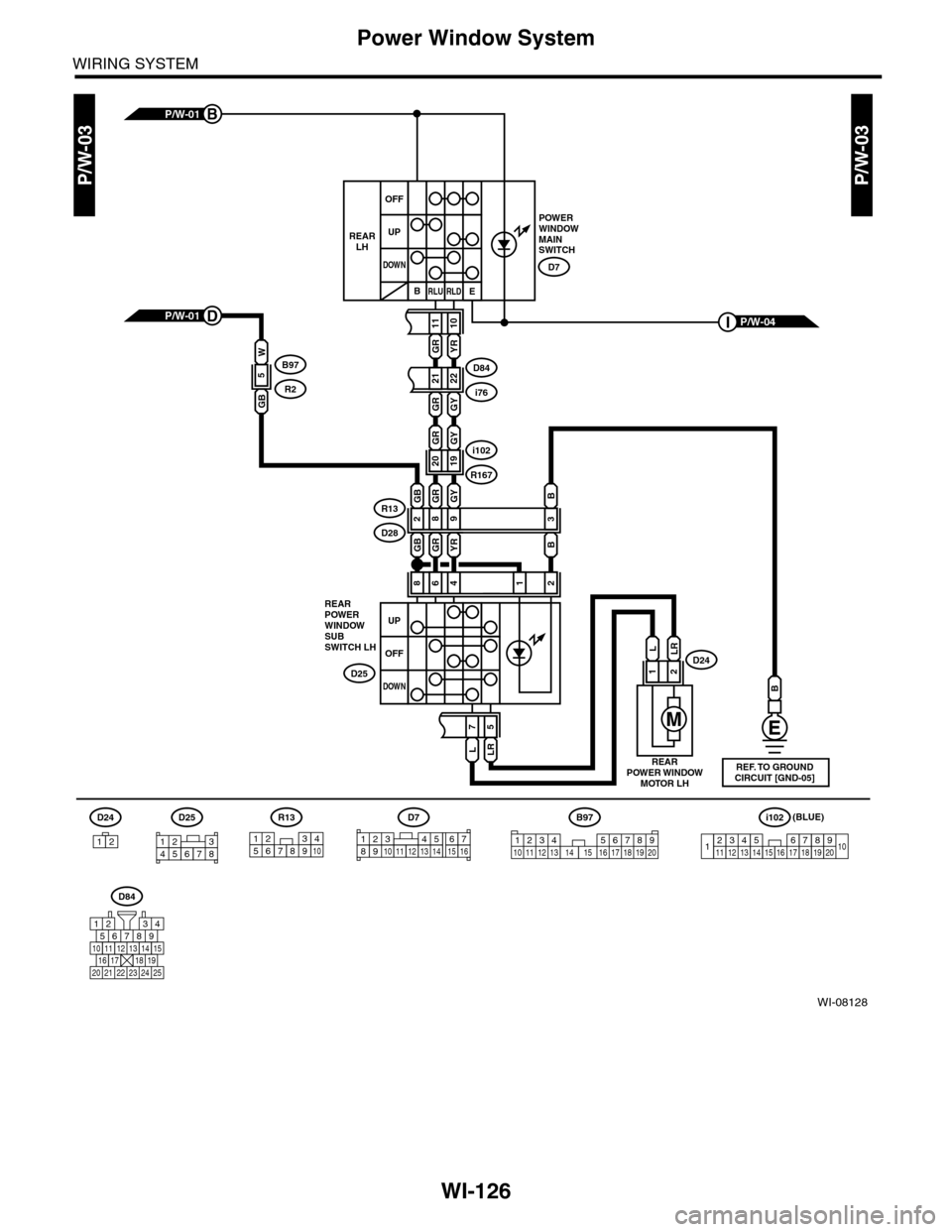 SUBARU TRIBECA 2009 1.G Service Workshop Manual WI-126
Power Window System
WIRING SYSTEM
P/W-03P/W-03
WI-08128
P/W-01B
R13
15234678910
D84
567821943
10
2422 23 25
11121314151617181920 21
POWERWINDOWMAINSWITCH
B
BERLURLD
D7
REARPOWERWINDOWSUBSWITCH 