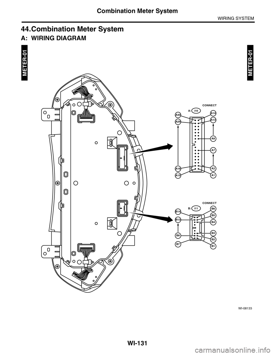 SUBARU TRIBECA 2009 1.G Service Workshop Manual WI-131
Combination Meter System
WIRING SYSTEM
44.Combination Meter System
A: WIRING DIAGRAM
WI-08133
METER-01METER-01
B: i11
CONNECT
B4
B5
B6
B1
B2
B3
B14
B13
B8
B7
A: i10
CONNECT
A13
A8
A7
A14
A1
A2
SUBARU TRIBECA 2009 1.G Service Workshop Manual WI-131
Combination Meter System
WIRING SYSTEM
44.Combination Meter System
A: WIRING DIAGRAM
WI-08133
METER-01METER-01
B: i11
CONNECT
B4
B5
B6
B1
B2
B3
B14
B13
B8
B7
A: i10
CONNECT
A13
A8
A7
A14
A1
A2