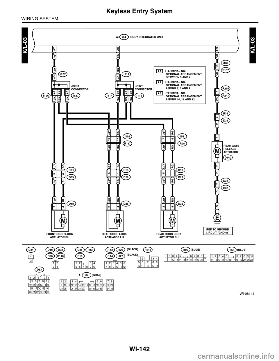 SUBARU TRIBECA 2009 1.G Service Workshop Manual WI-142
Keyless Entry System
WIRING SYSTEM
SEC-03K/L-03
WI-08144
VG
VG
i102
R167
B
1
16
5
2
V
R39
D35
D34
R37
VG
R215
R247
2
B
B
D26
D18
D140
D32
i114
i113
D83
567821943
10
2422 23 25
11121314151617181