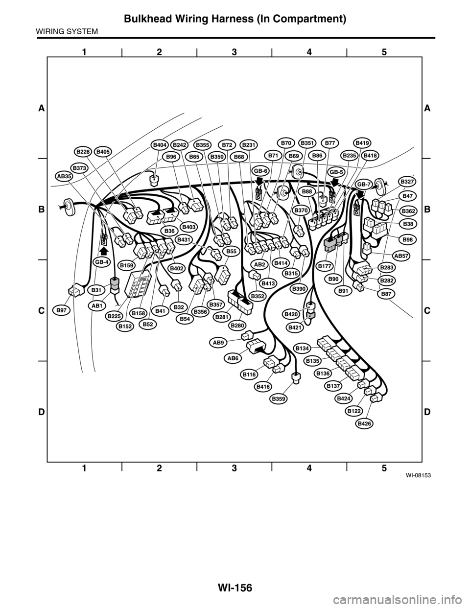 SUBARU TRIBECA 2009 1.G Service Workshop Manual WI-156
Bulkhead Wiring Harness (In Compartment)
WIRING SYSTEM SUBARU TRIBECA 2009 1.G Service Workshop Manual WI-156
Bulkhead Wiring Harness (In Compartment)
WIRING SYSTEM